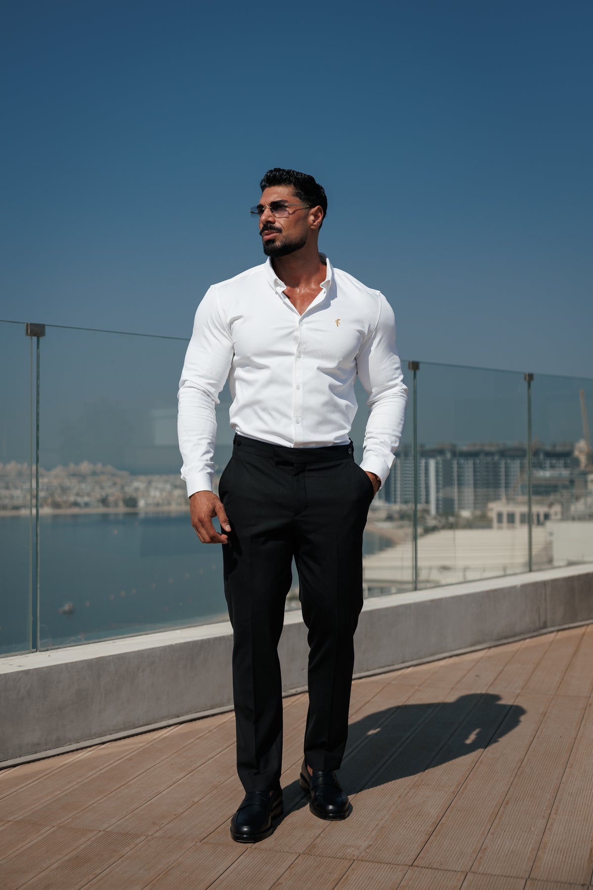 Super Slim Stretch White Denim Long Sleeve with Gold Embroidery and Button Down Collar - FS1282