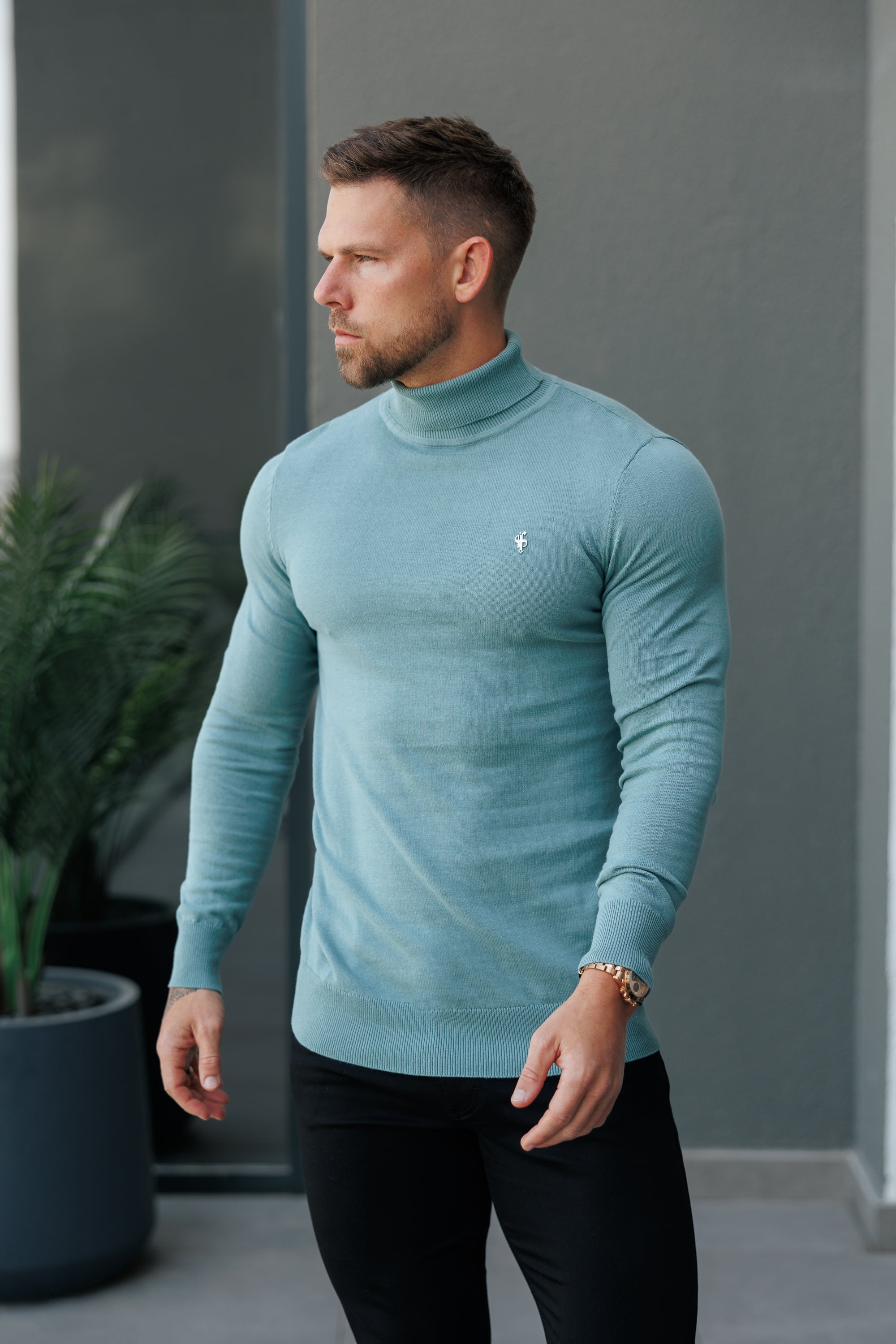 Teal Roll Neck Knitted Jumper With FS Branding - FSN205