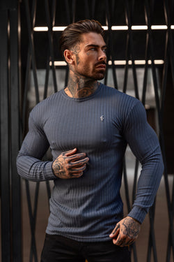 Father Sons Classic Charcoal Ribbed Knit Jumper With Silver Metal Emblem - FSH947