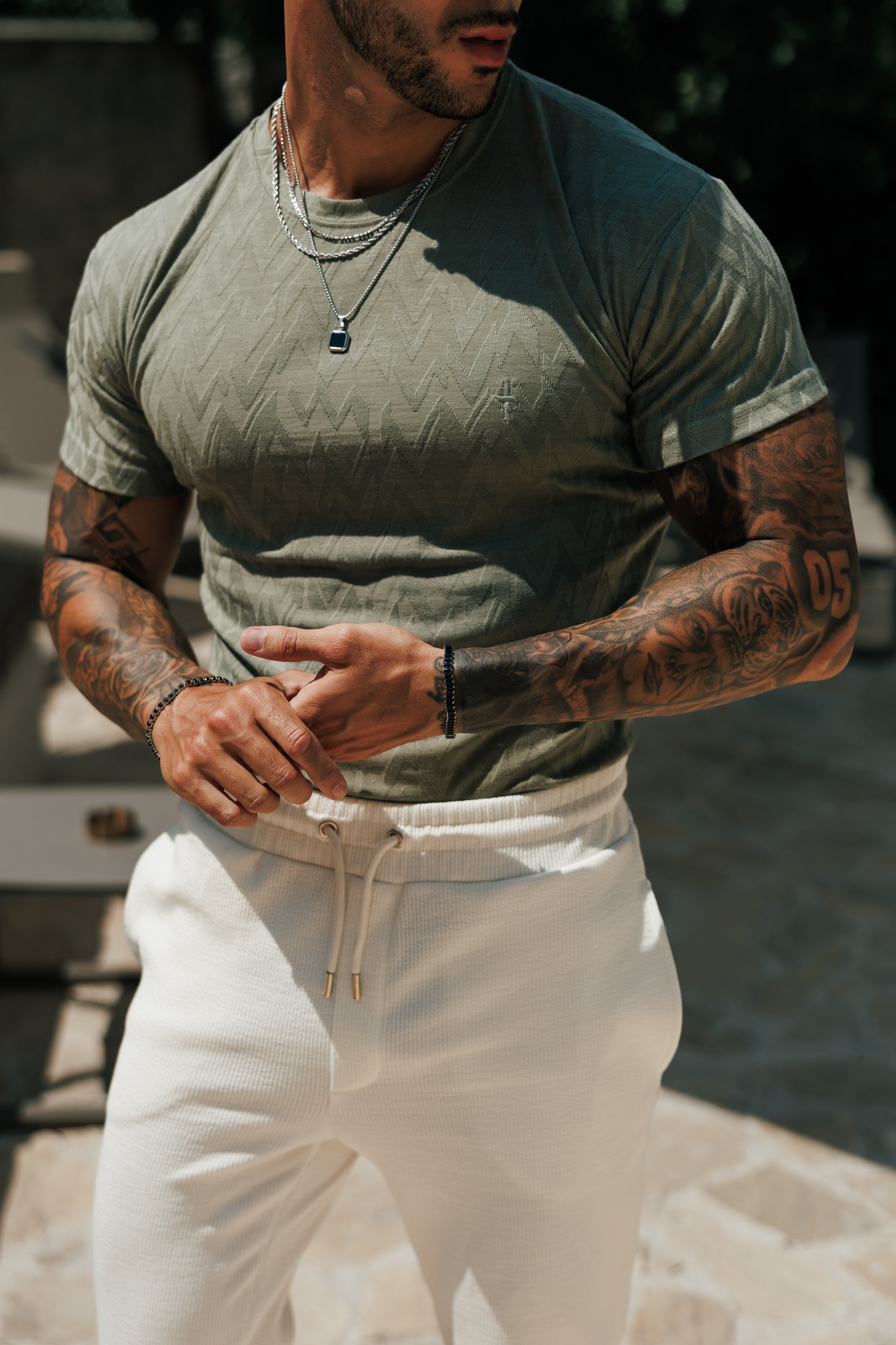 Regular Fit Jacquard Olive Chevron T-Shirt - FSR065