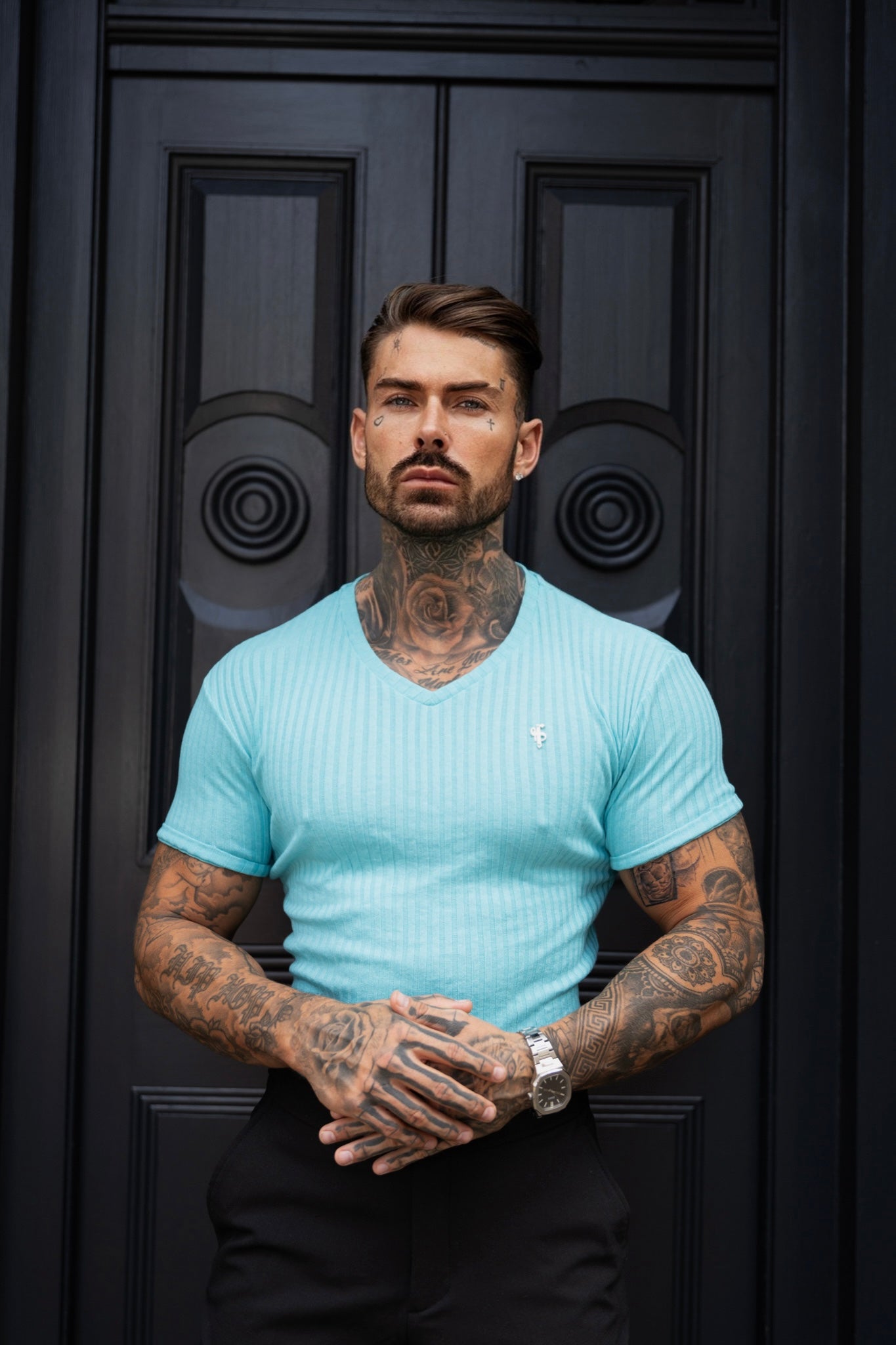 Classic Turquoise / Silver V Neck Ribbed Crew - FSH1128