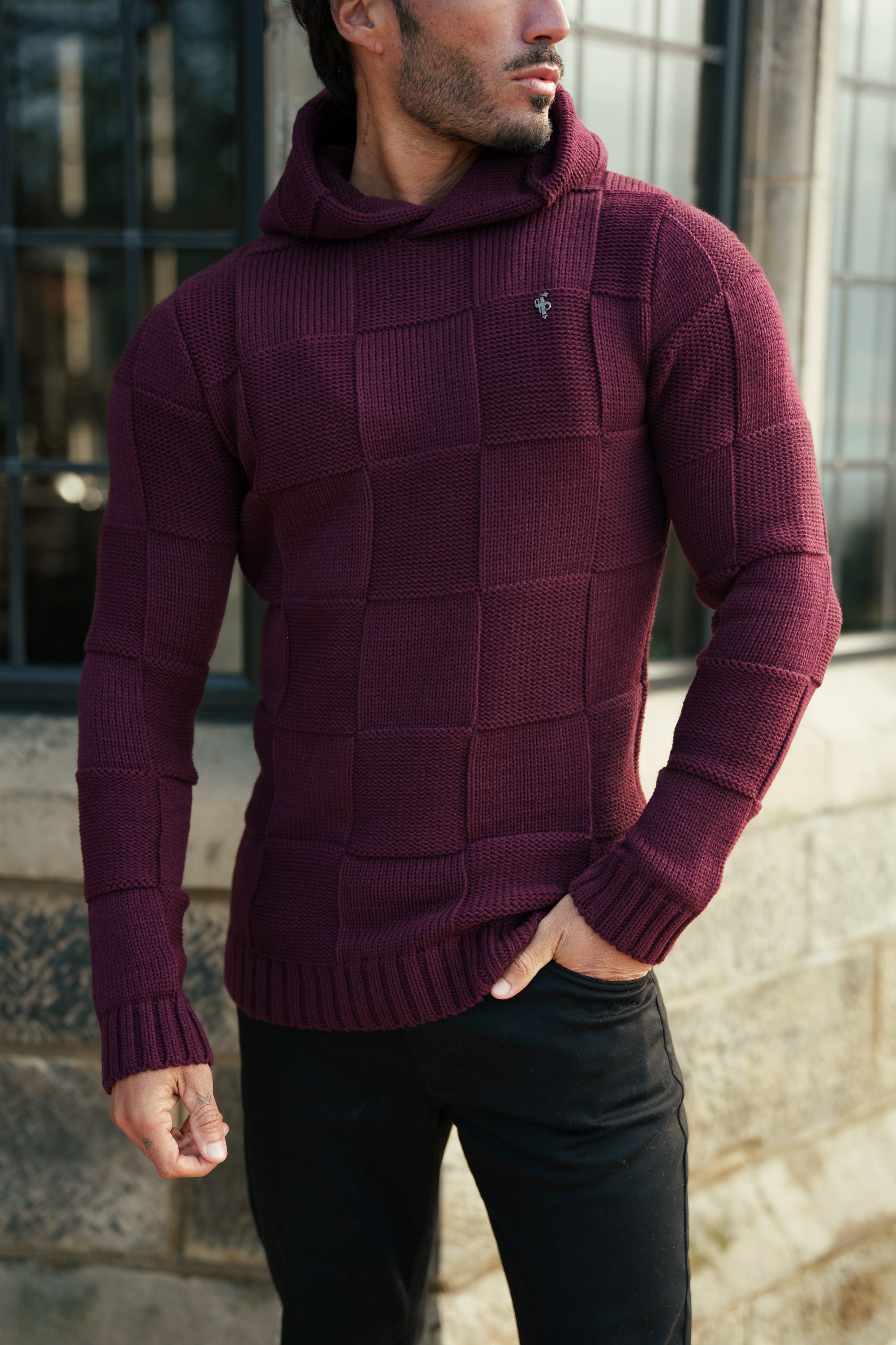 Wine Checkerboard Knitted Hoodie - FSJ139