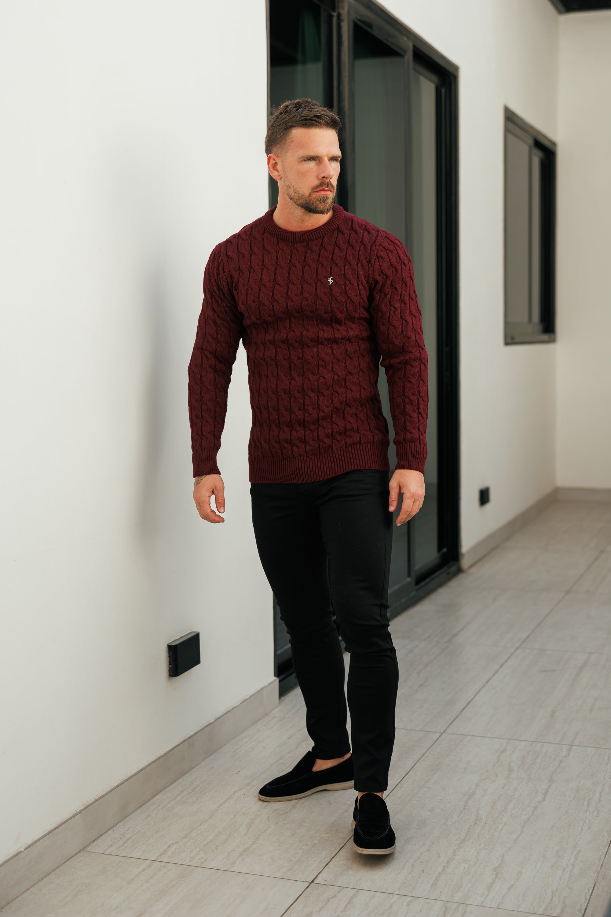 Link Weave Knit Wine Crew Neck Jumper - FSJ131