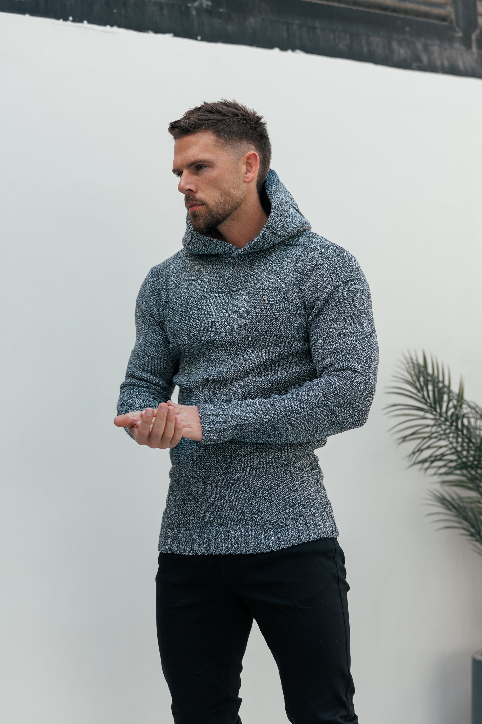 Black / White Two Tone Checkerboard Knitted Hoodie - FSJ134