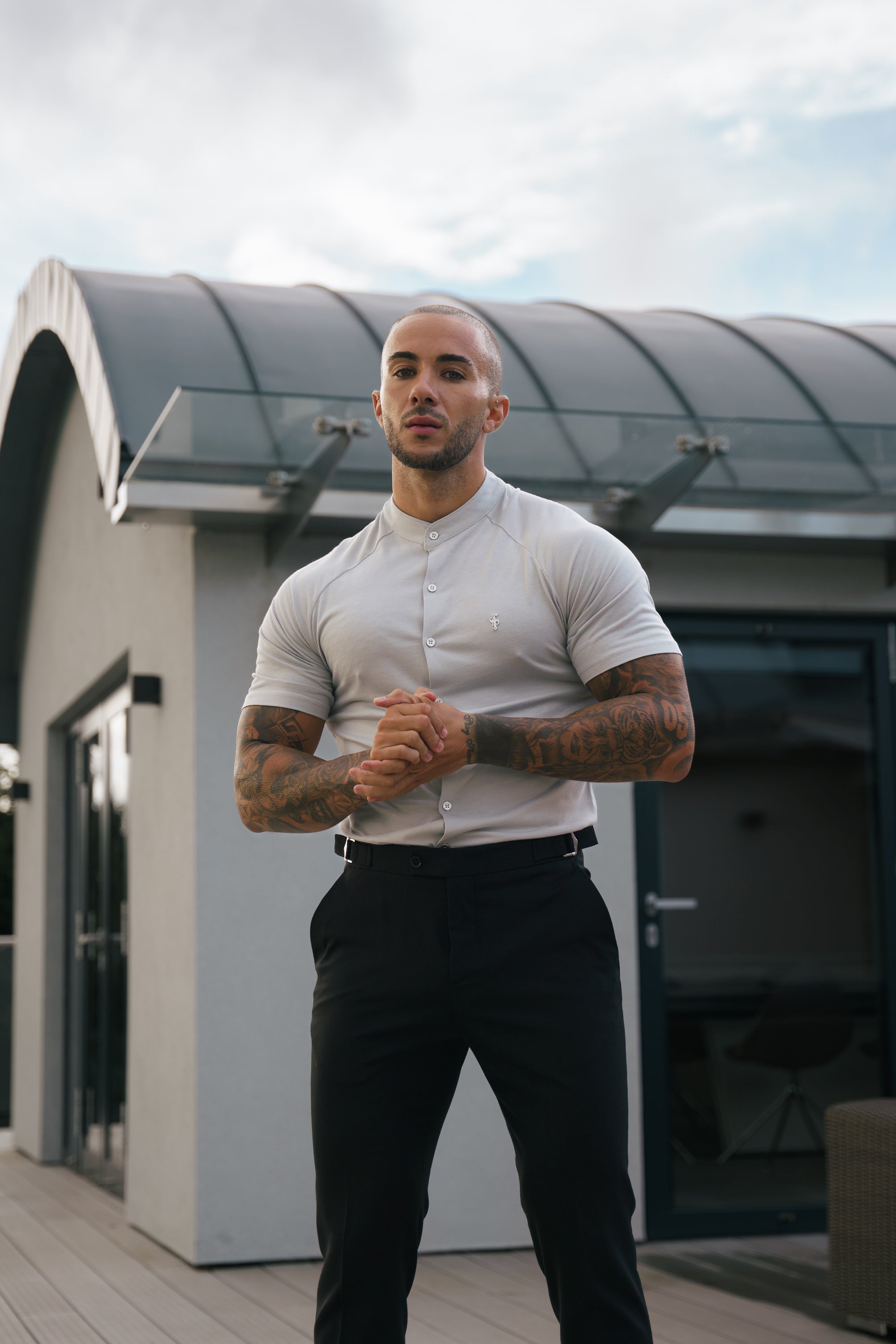 Slim Bamboo Raglan Grandad Collar Grey - FSH1155