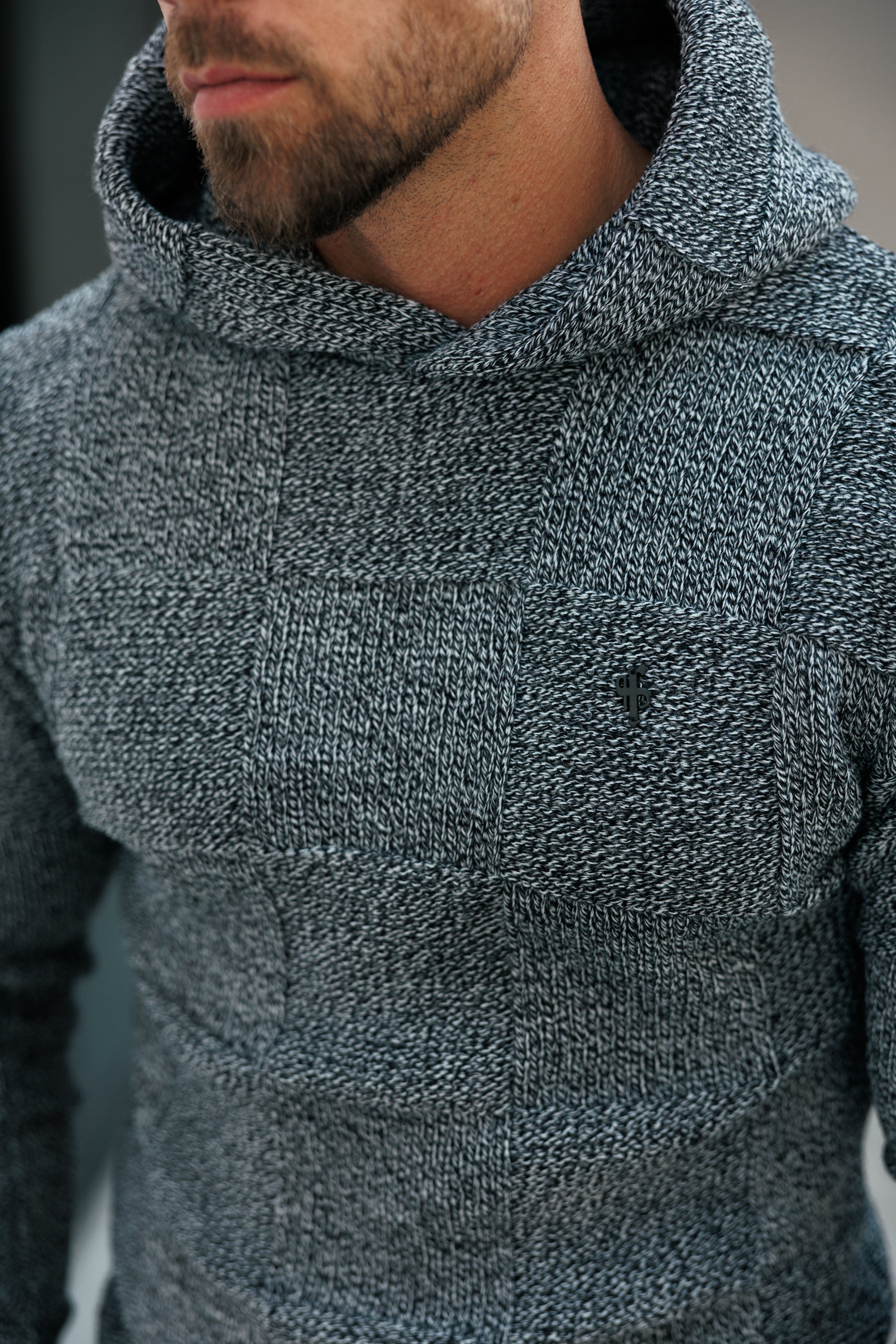 Black / White Two Tone Checkerboard Knitted Hoodie - FSJ134