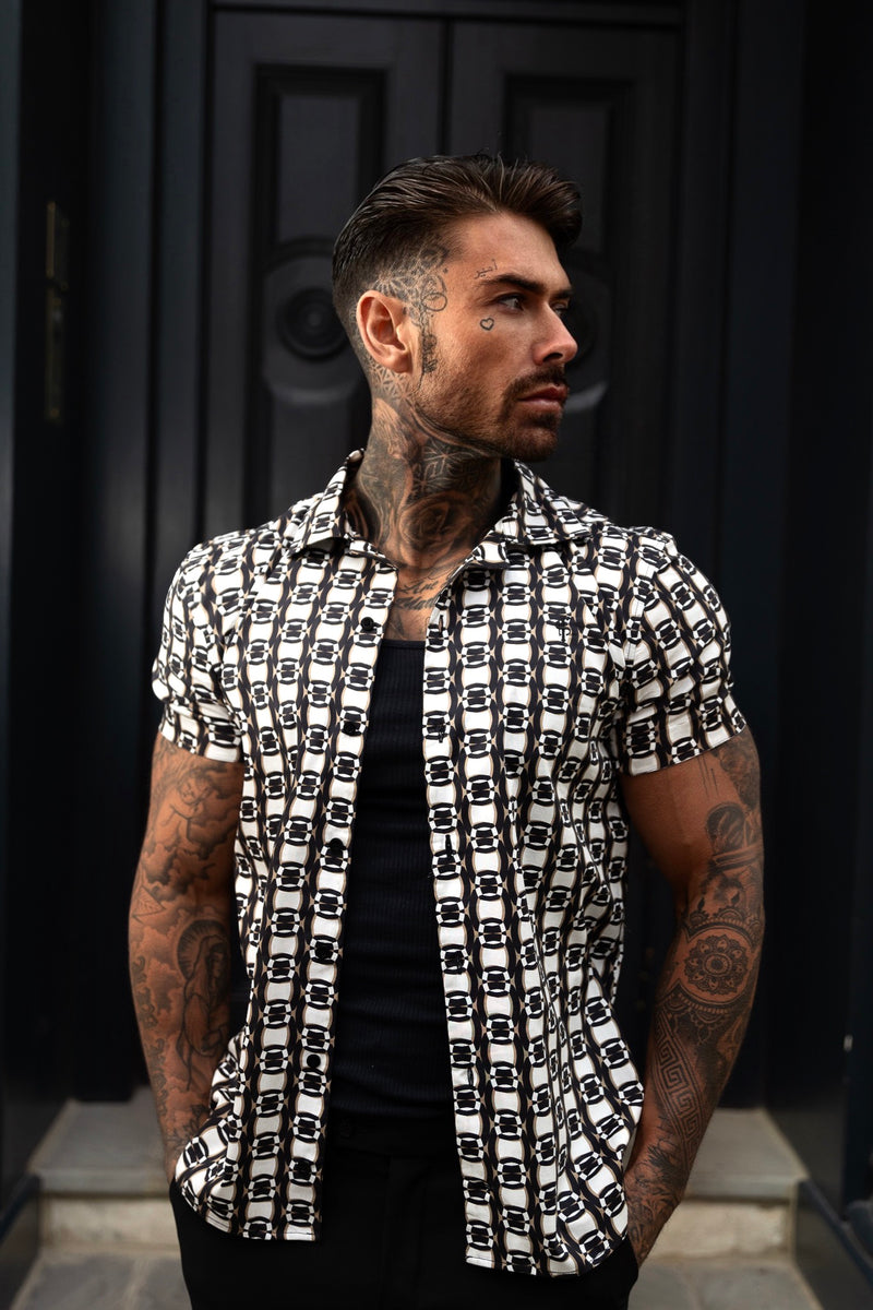 Father Sons Hawaiian Boxy Black / Cream / Taupe Link Print with Revere Collar Short Sleeve - FS996