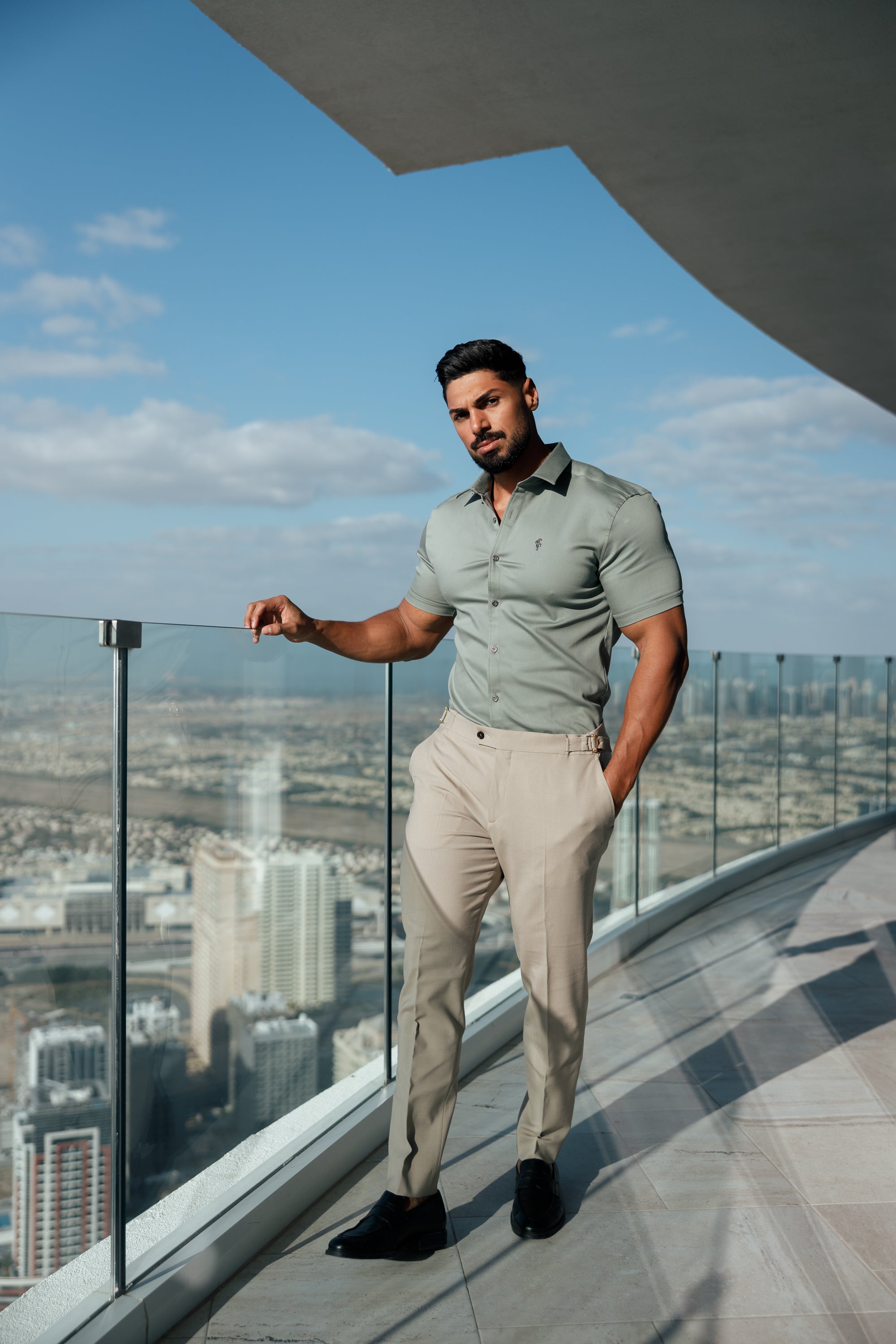 Super Slim Stretch Sage Green Denim Short Sleeve With Metal Buttons and Decal - FS1021