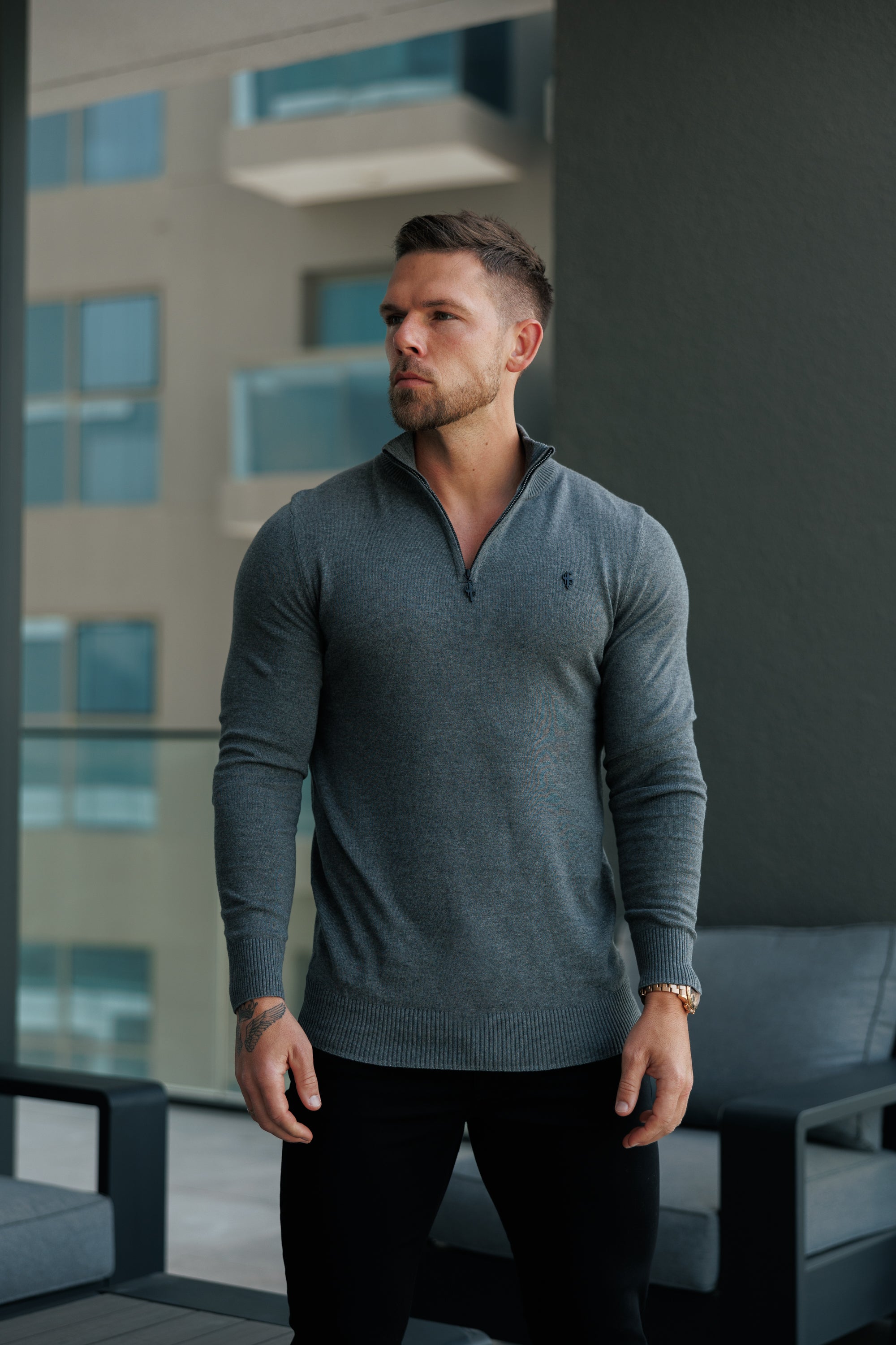 Charcoal Funnel Neck Knitted Jumper With FS Branding - FSN192