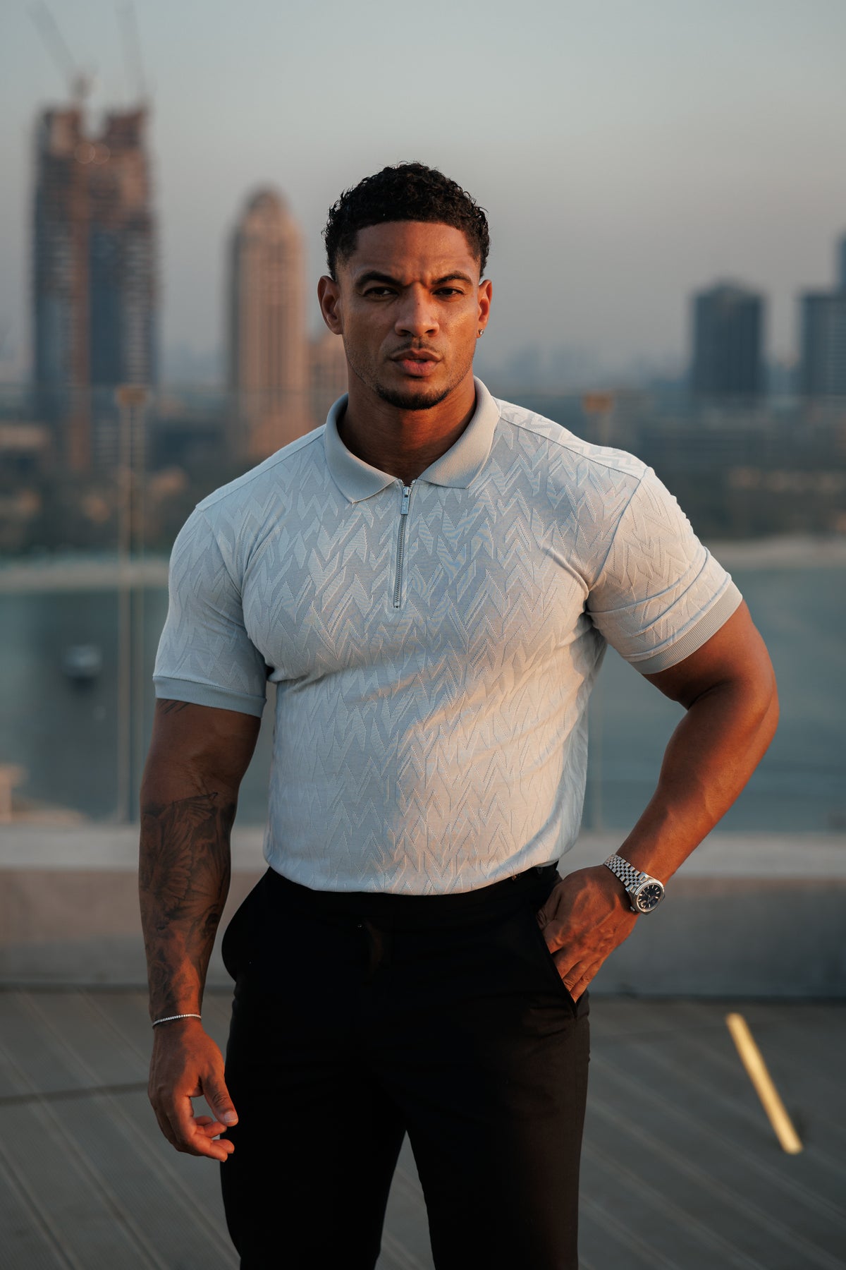 Classic Jacquard Light Grey Chevron Zipped Polo - FSR063