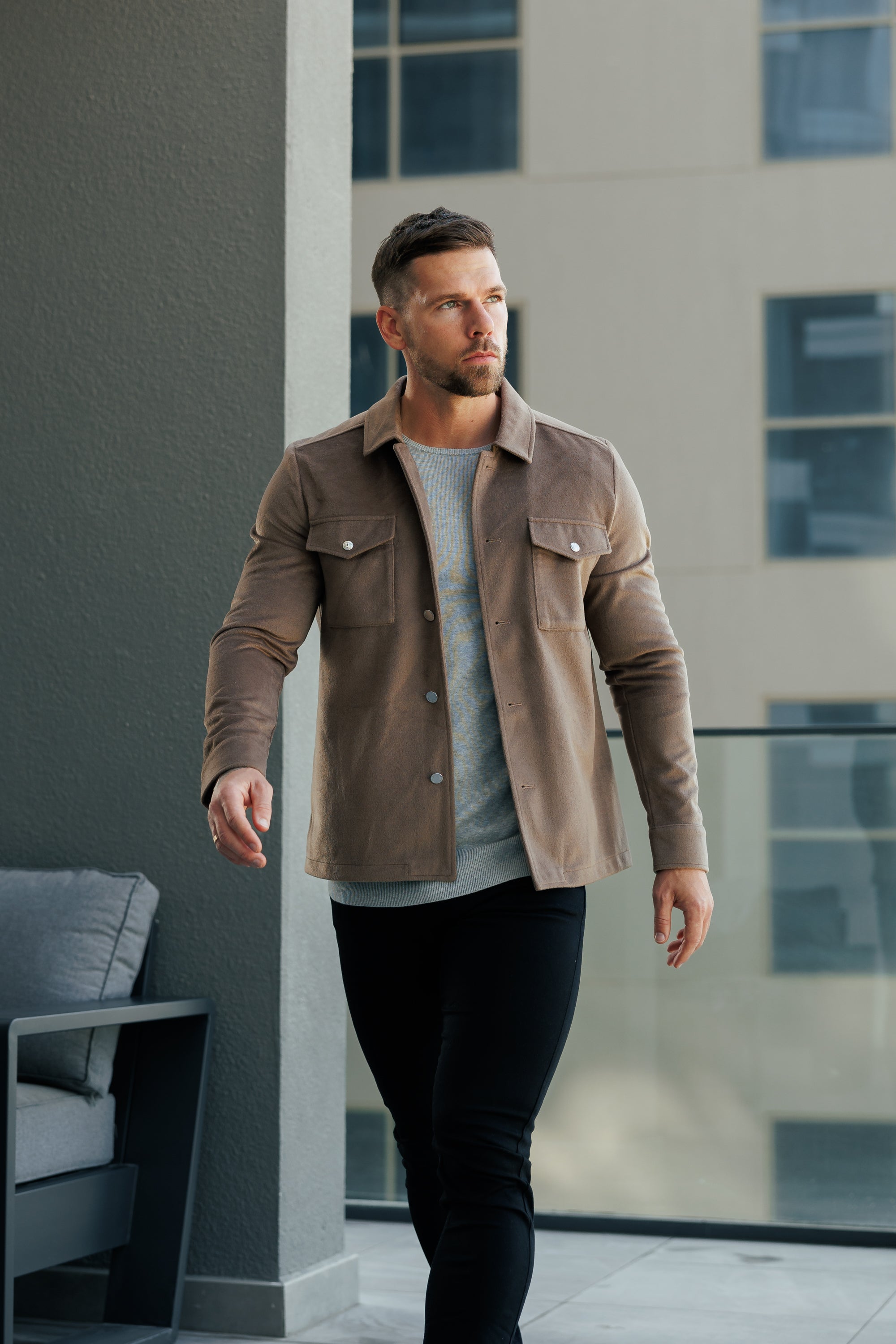 Brushed Button Up Plain Jacket Taupe - FSN184