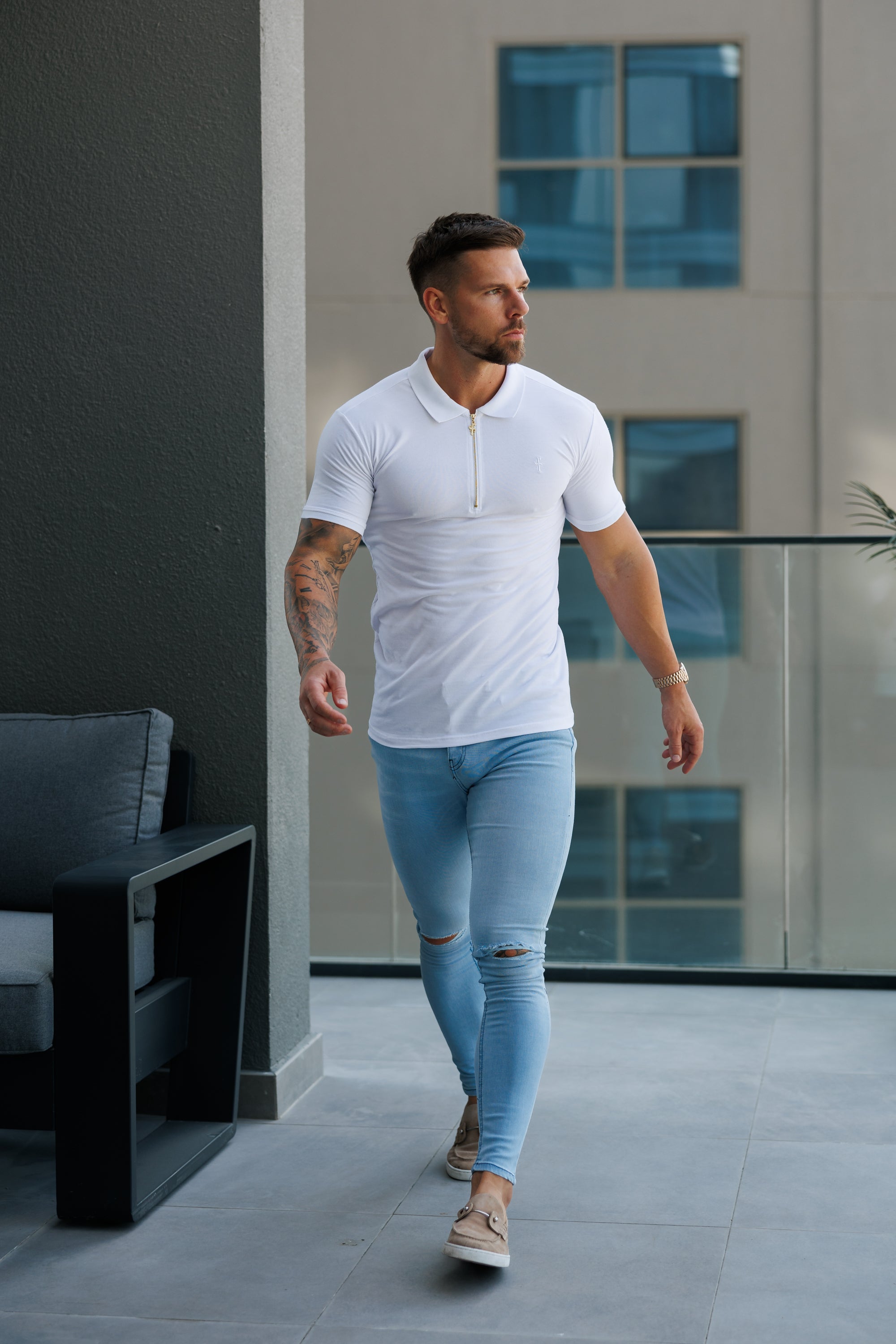 Ultra Stretch Mid Blue Slim Jeans Bleached with Knee Rips - FSJEAN012