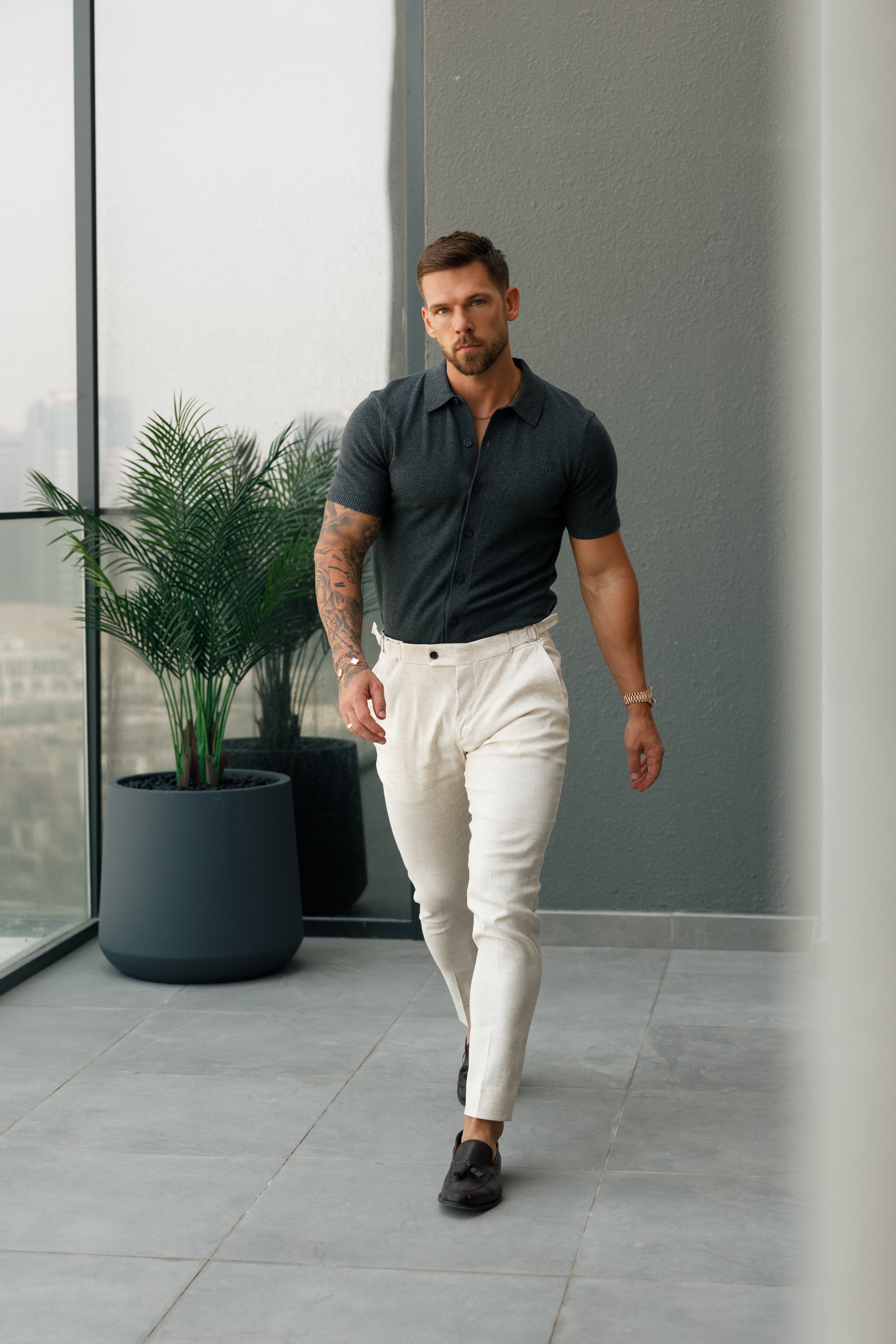 Classic Plain Charcoal Knitted Button Through Polo Short Sleeve - FSN160