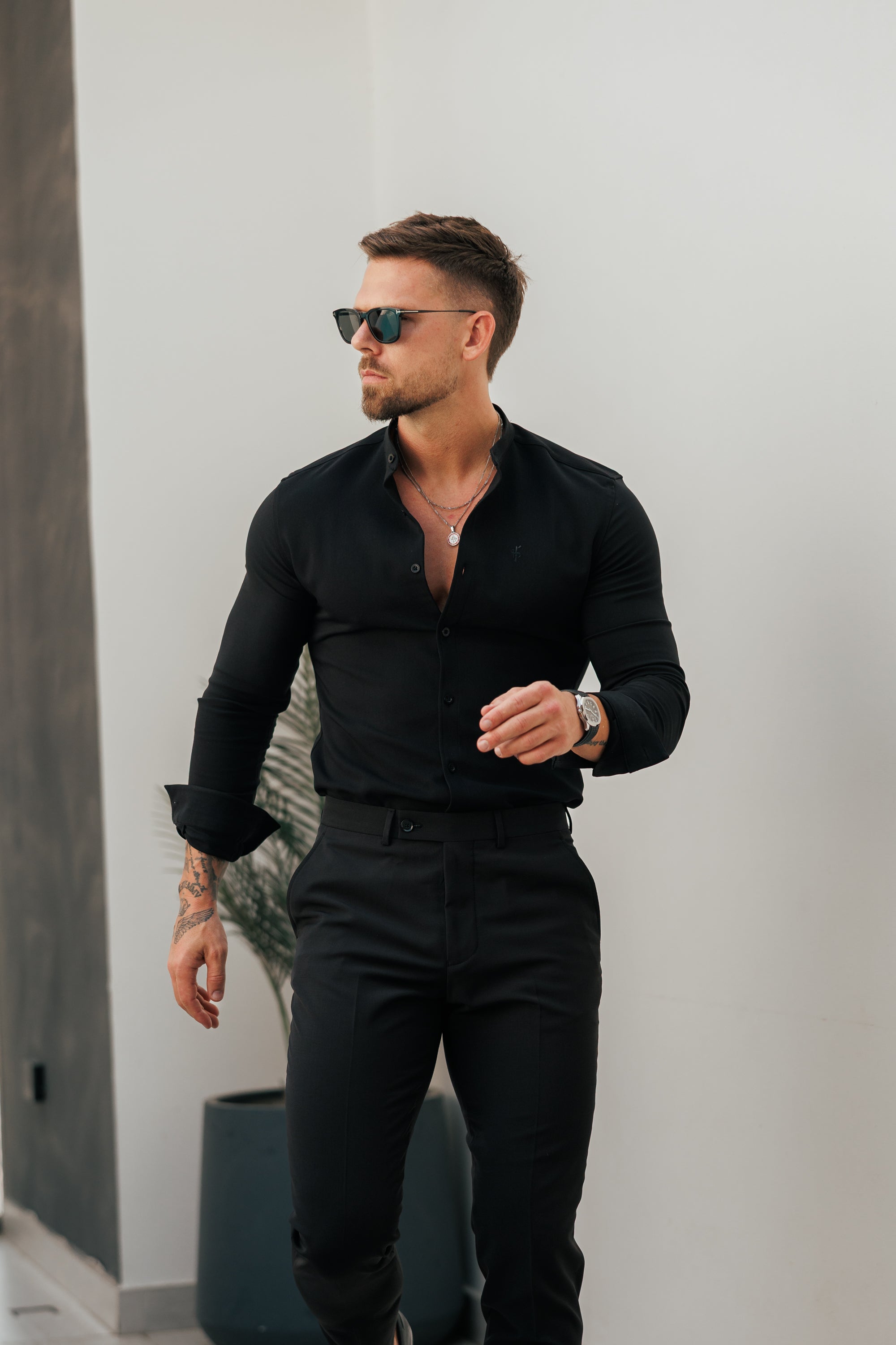 Super Slim Scuba Black Long Sleeve Stretch with Grandad Collar - FS1171