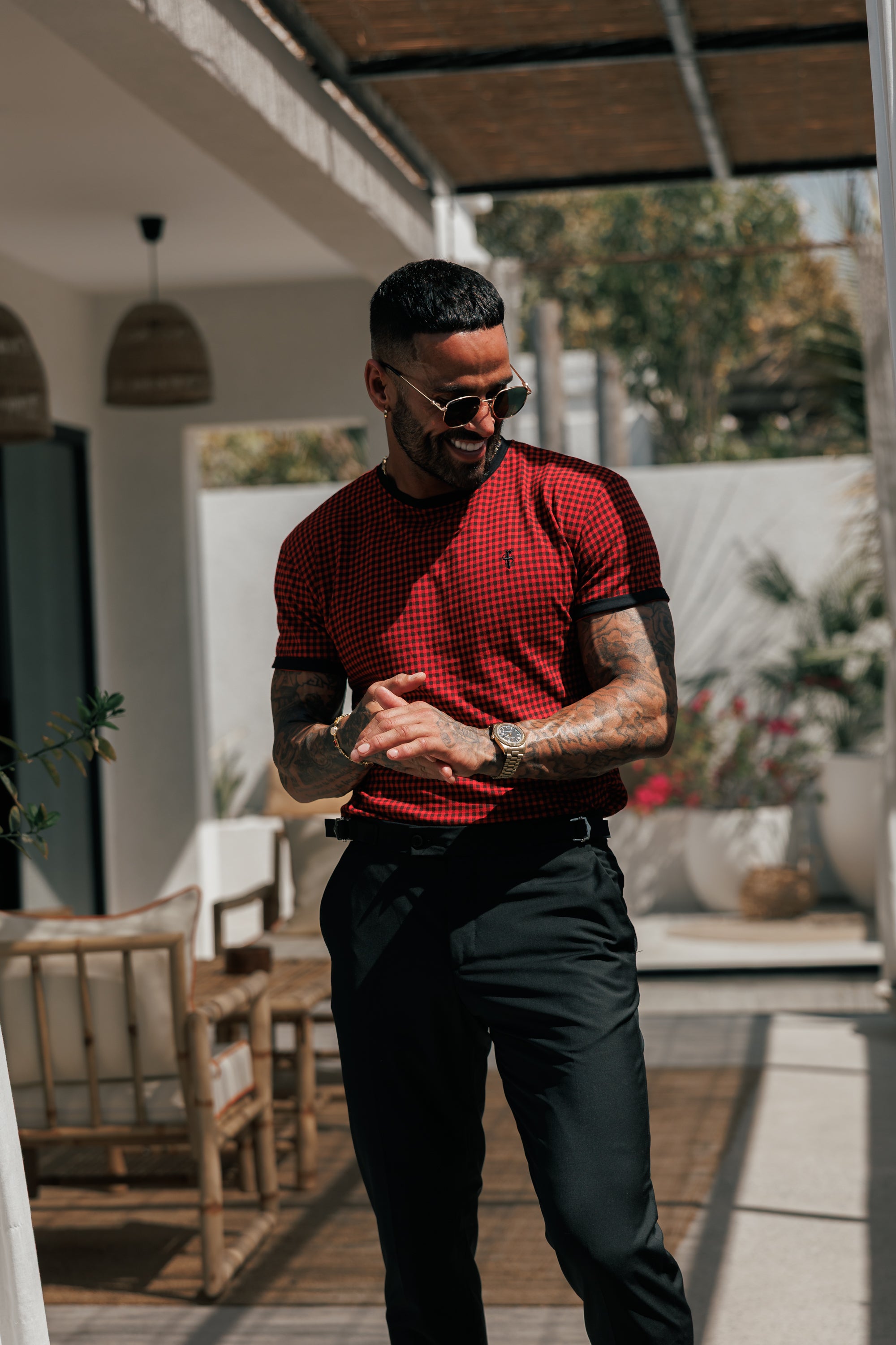 Printed Black / Red Check Fitted T Shirt - FSH1237