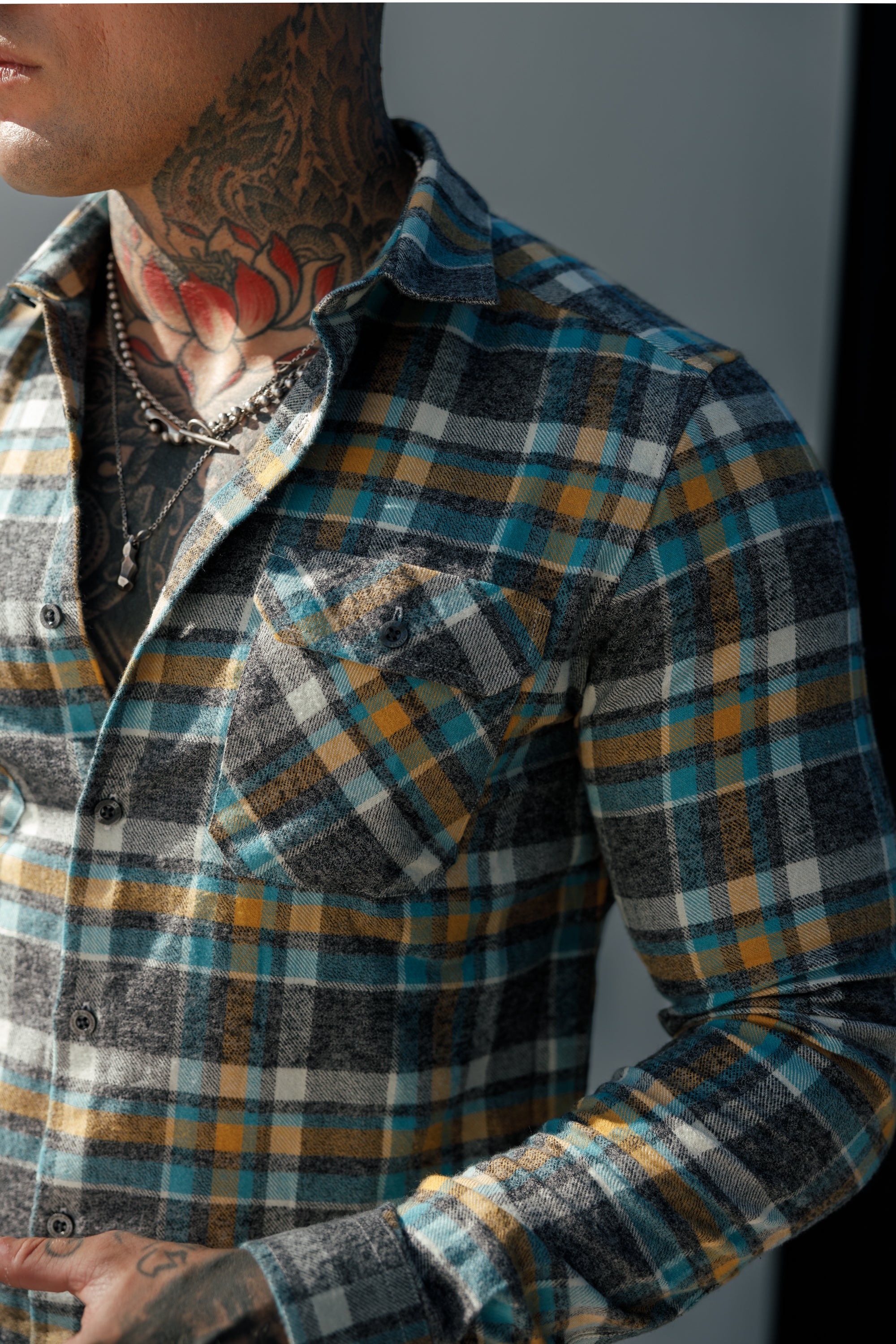 Aqua / Yellow Check Shacket With Double Pockets - FS1073