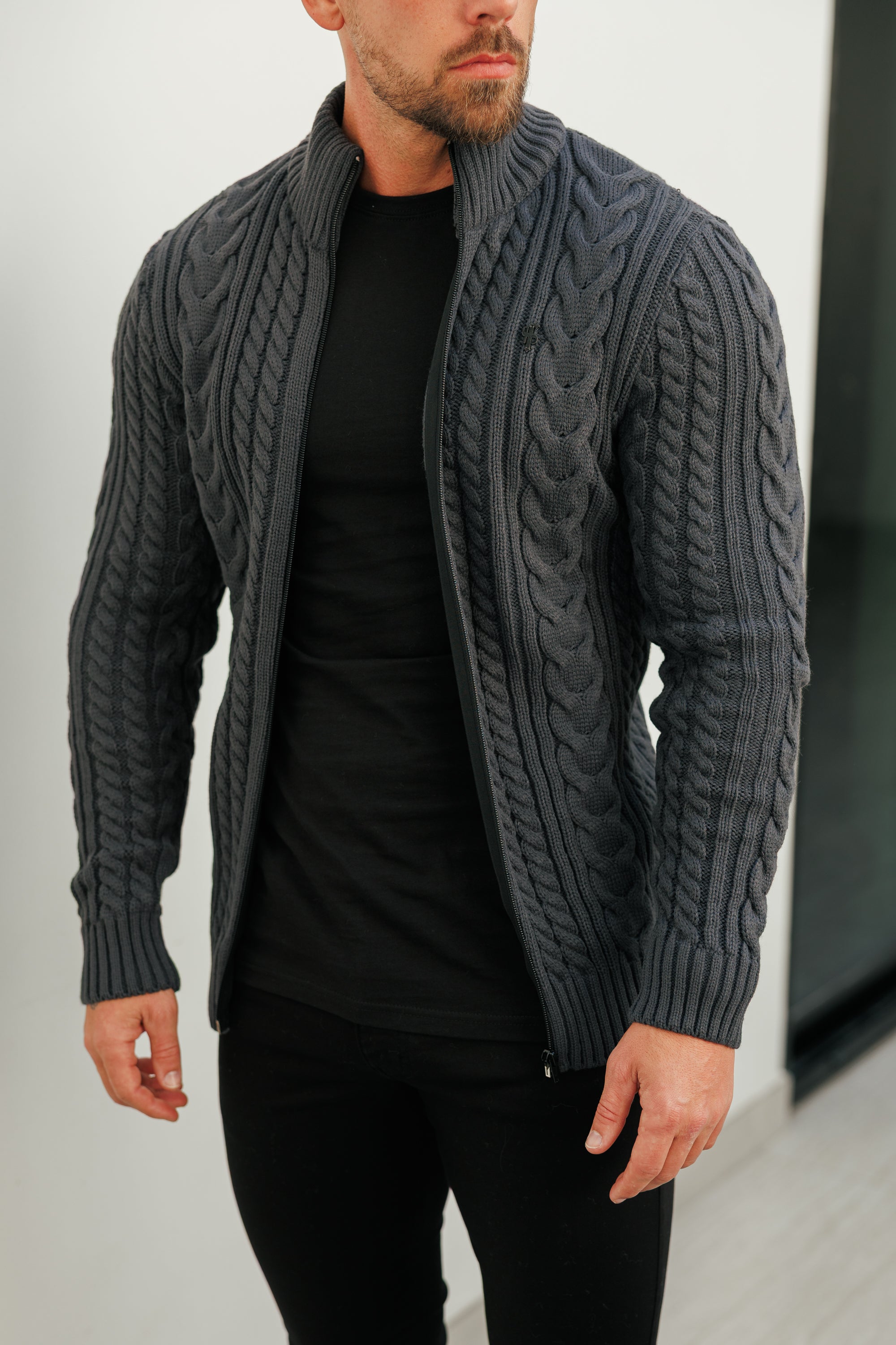 Funnel Neck Full Zip Cardigan Gunpowder -  FSJ147