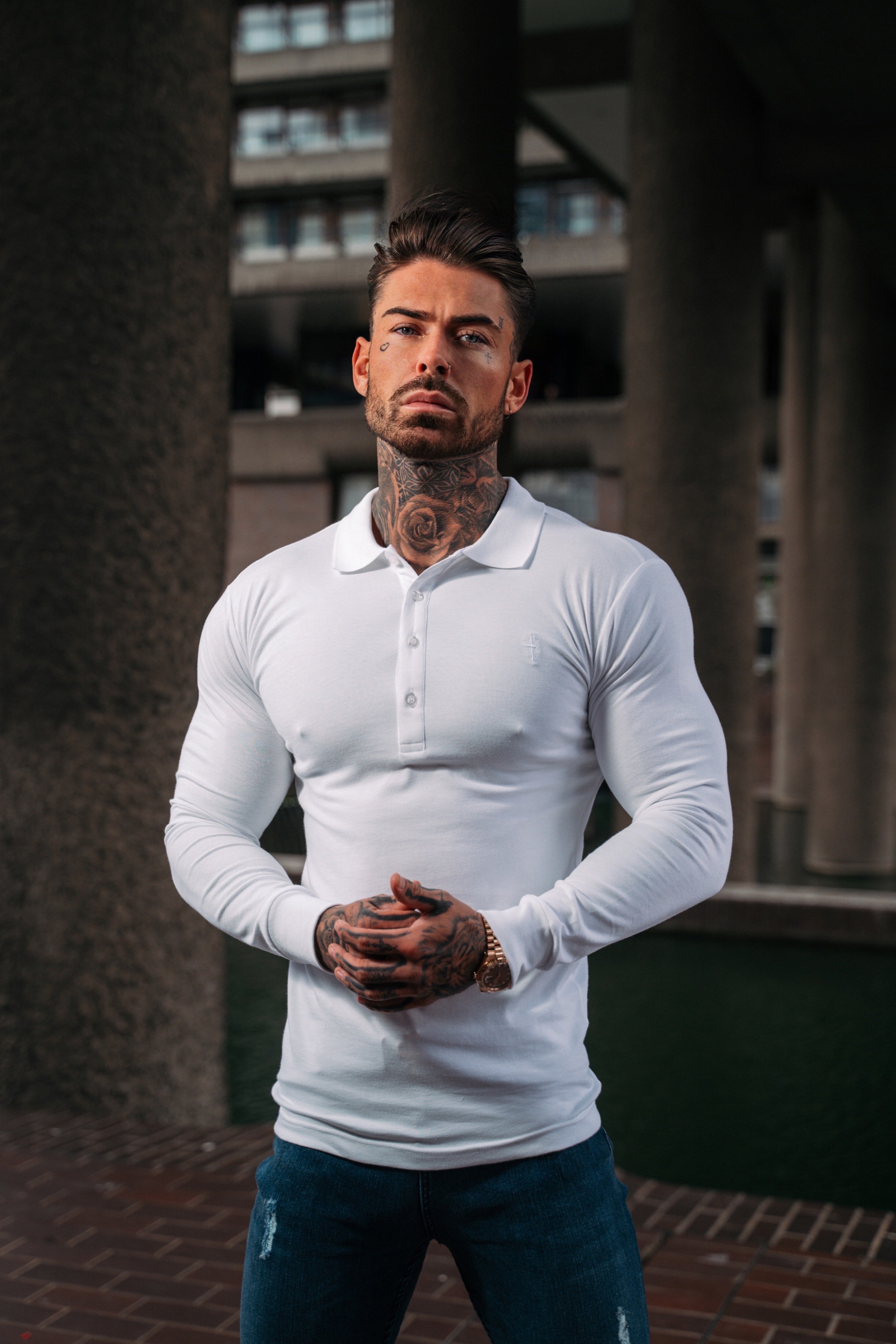 Classic White Tonal  Polo Long Sleeve Shirt - FSH858