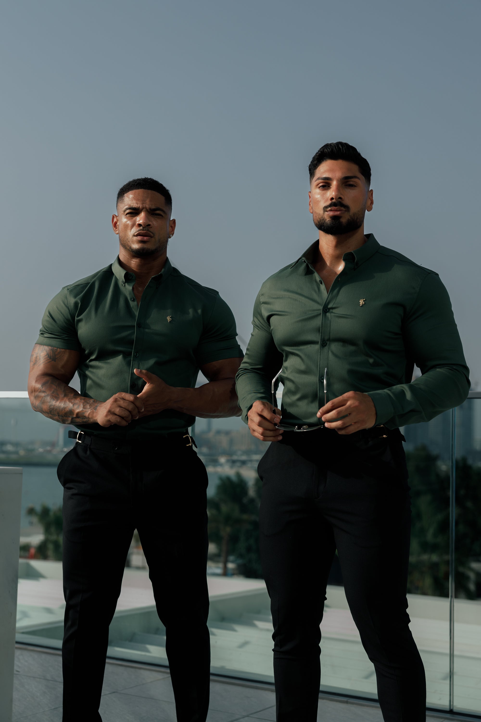 Super Slim Stretch Khaki Denim Short Sleeve with Gold Metal Decal and Button Down Collar - FS1043