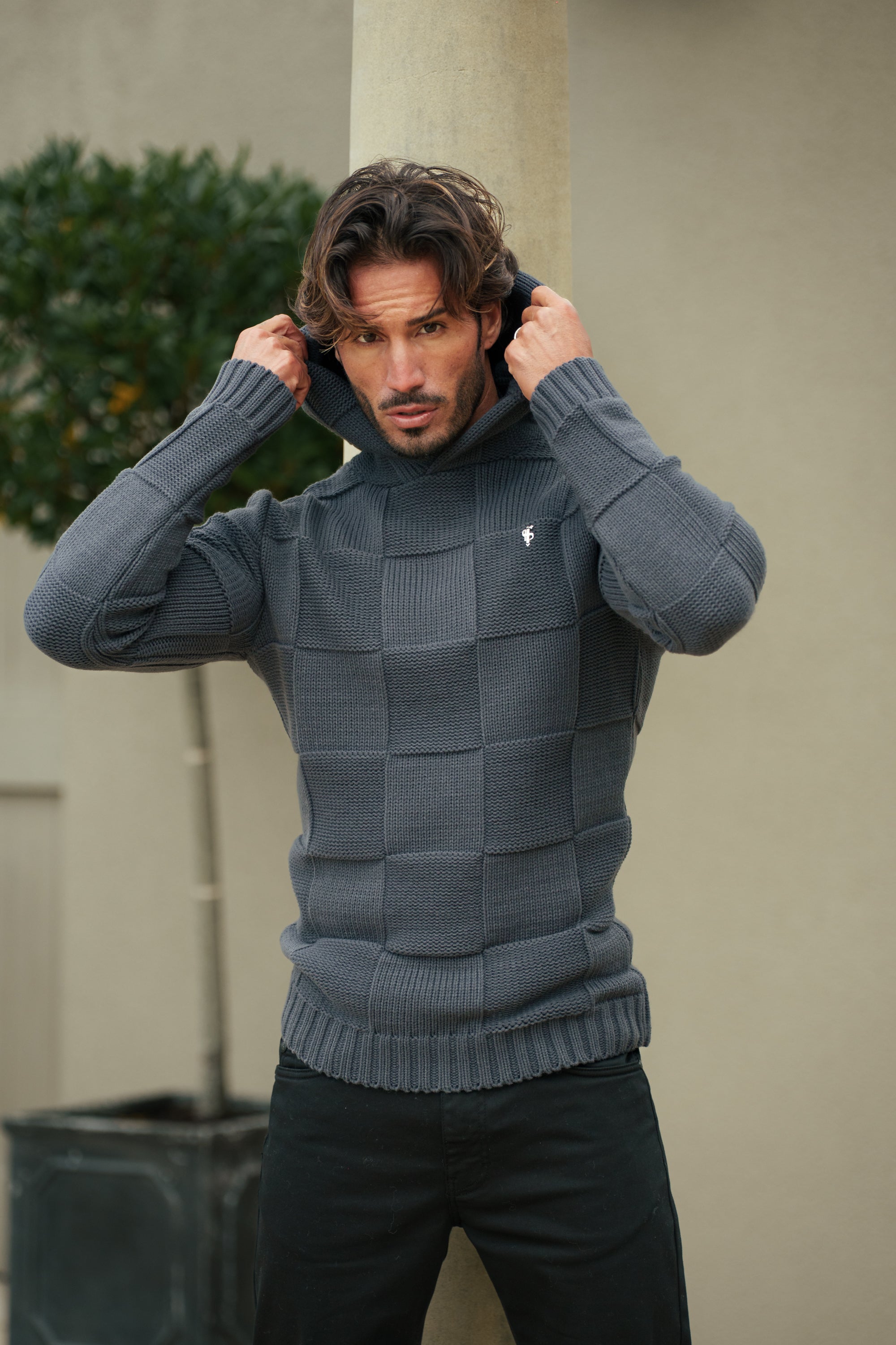 Gunmetal Checkerboard Knitted Hoodie - FSJ136