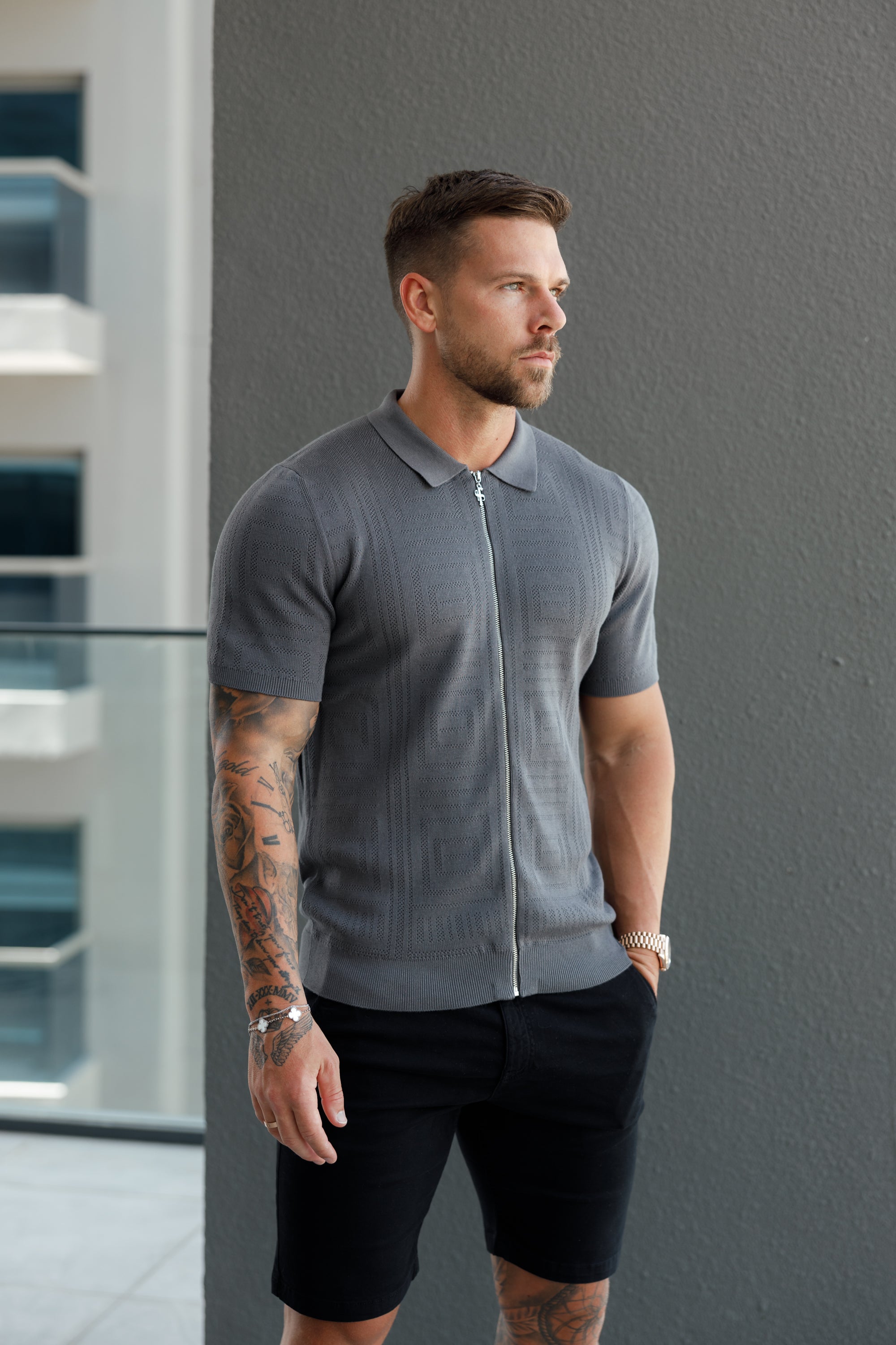 Classic Knitted Geo Design With Full Length Zip Gunmetal Short Sleeve - FSN150