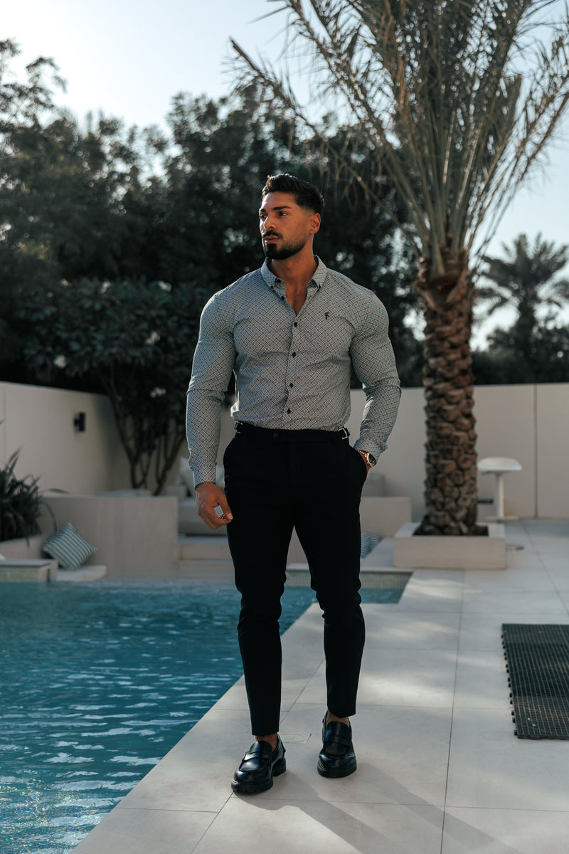 Father Sons Super Slim Stretch Black / White Diamond Print Long Sleeve with Button Down Collar - FS1226