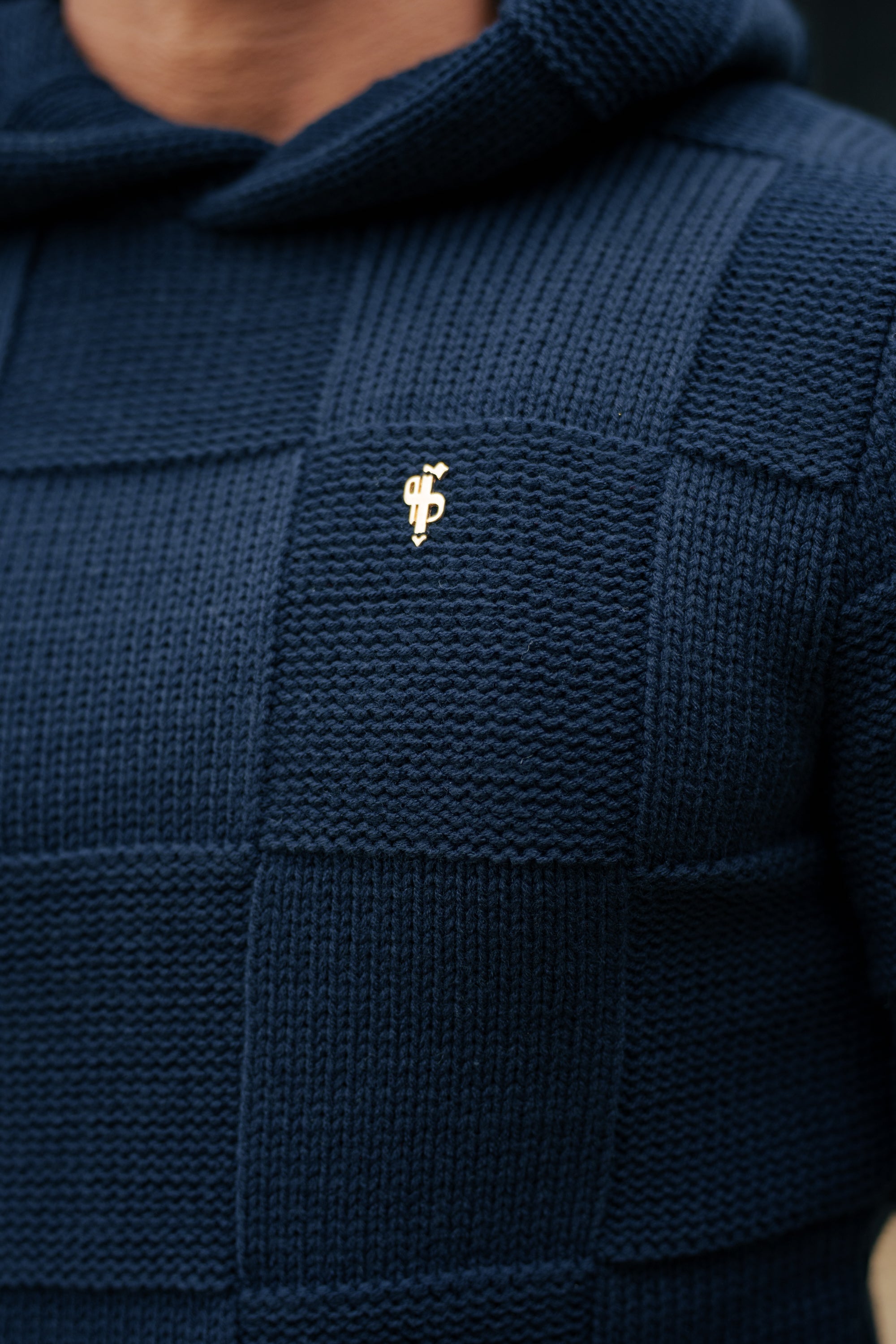 Navy Checkerboard Knitted Hoodie - FSJ138