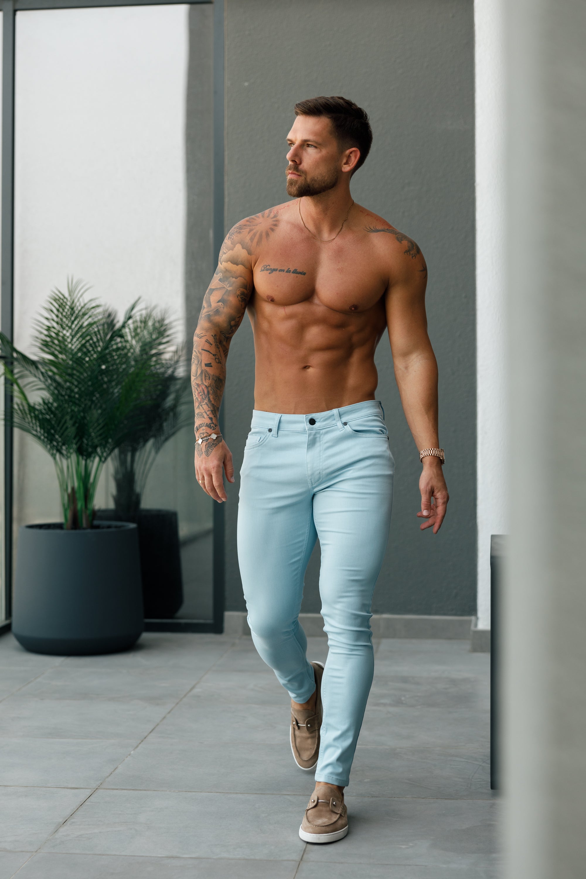 Slim Stretch Pale Blue Sateen Trousers - FSH1147