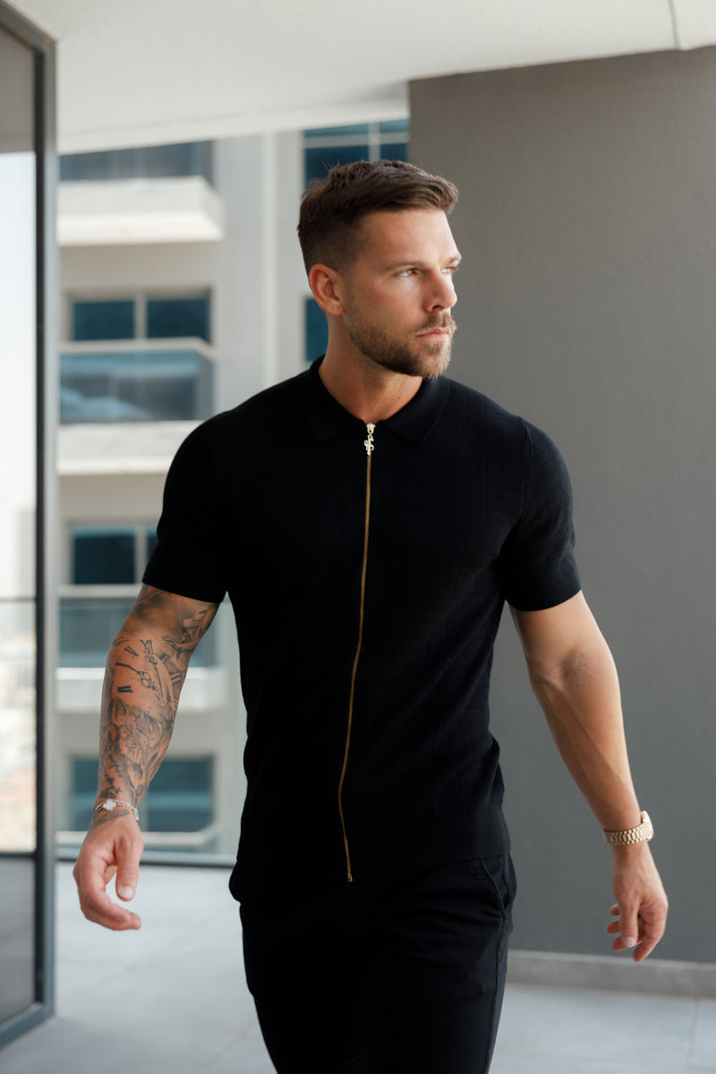 Father Sons Classic Knitted Geo Design With Full Length Zip Black Short Sleeve - FSN147