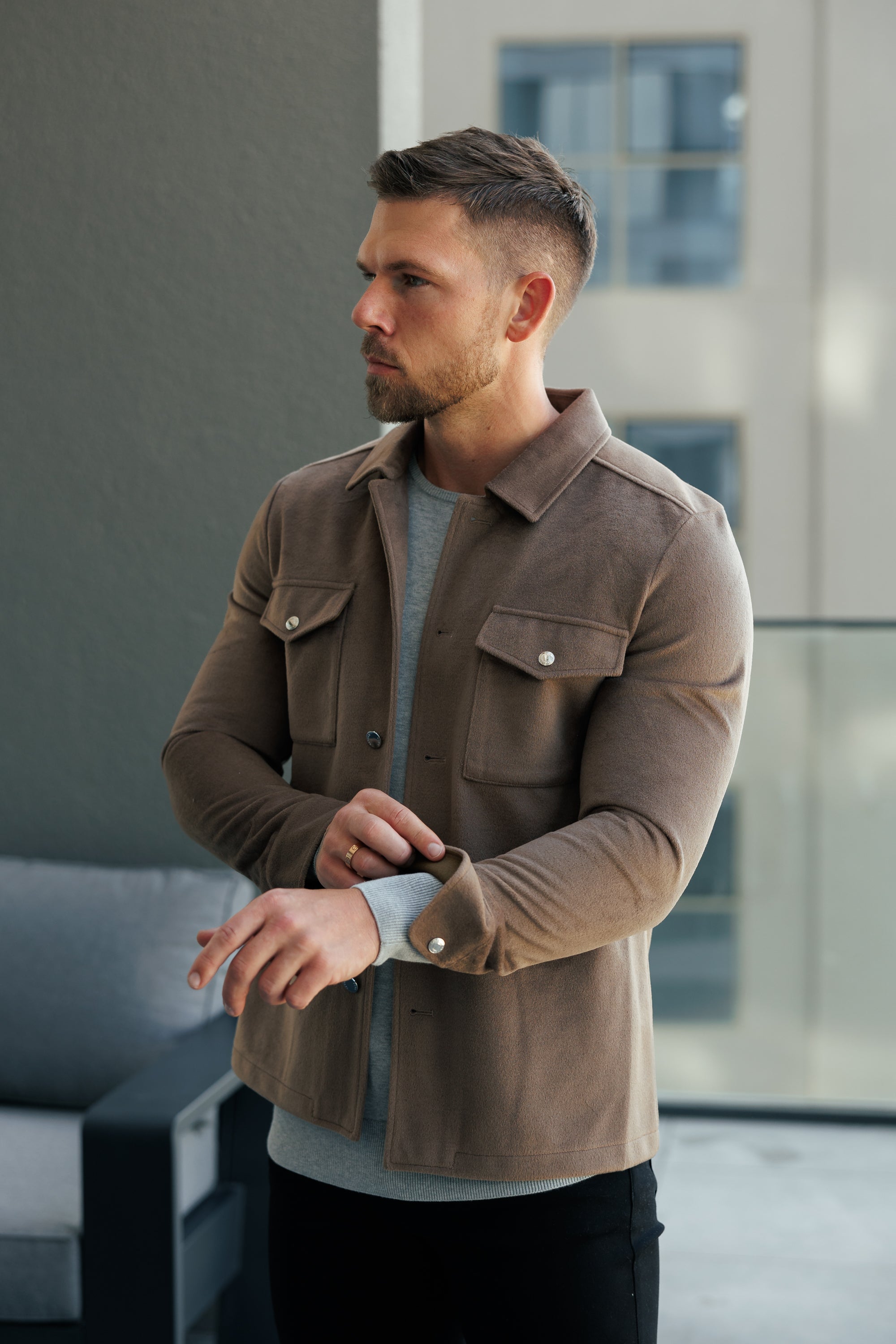 Brushed Button Up Plain Jacket Taupe - FSN184