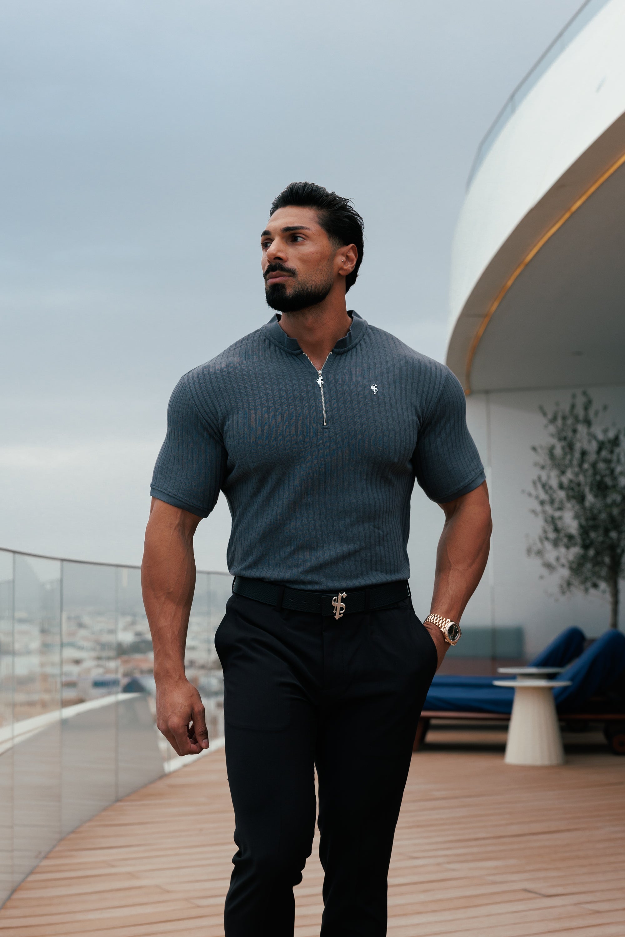 Classic Charcoal / Silver Ribbed Zip Grandad Collar Shirt Short Sleeve - FSH1448