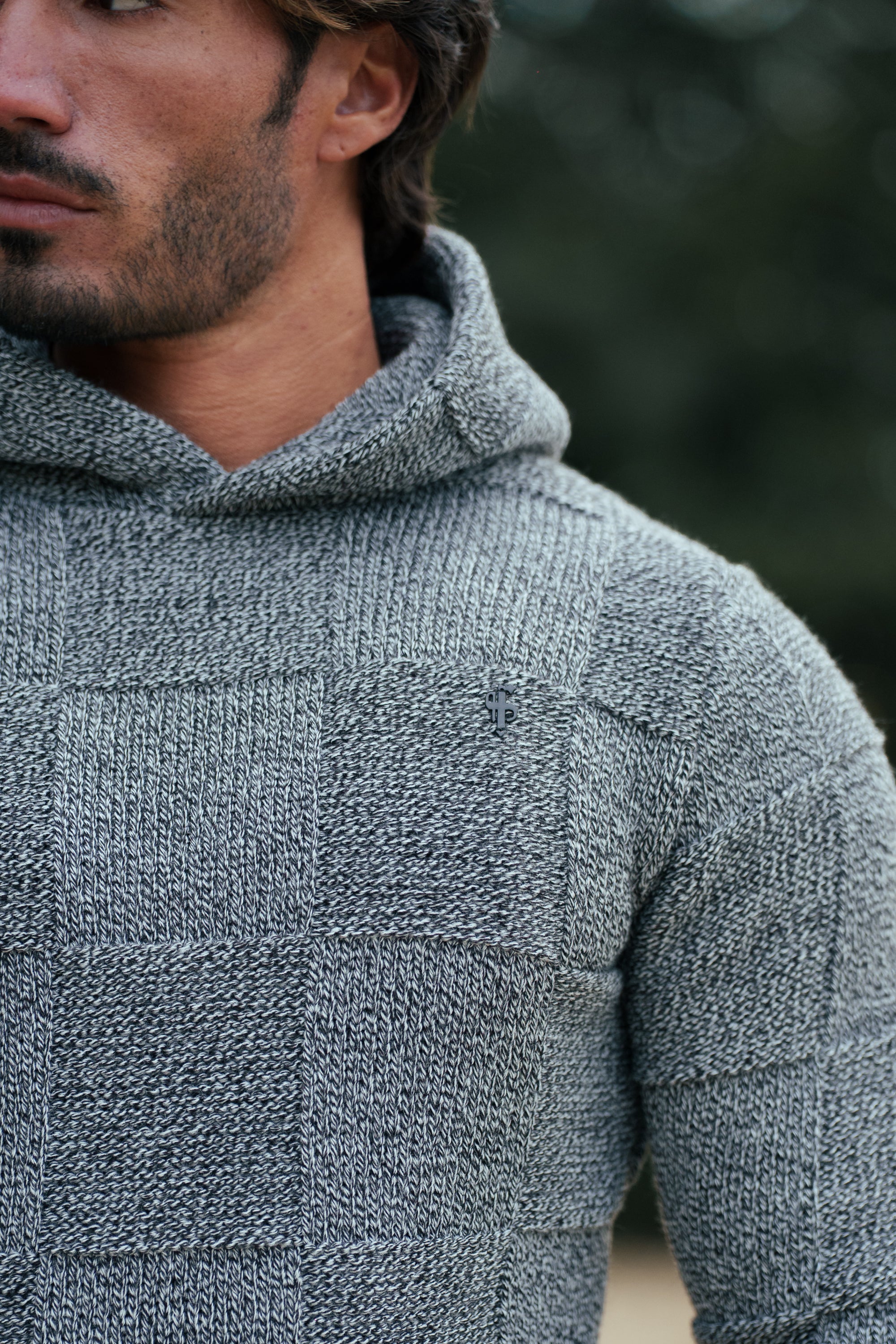 Black / White Two Tone Checkerboard Knitted Hoodie - FSJ134