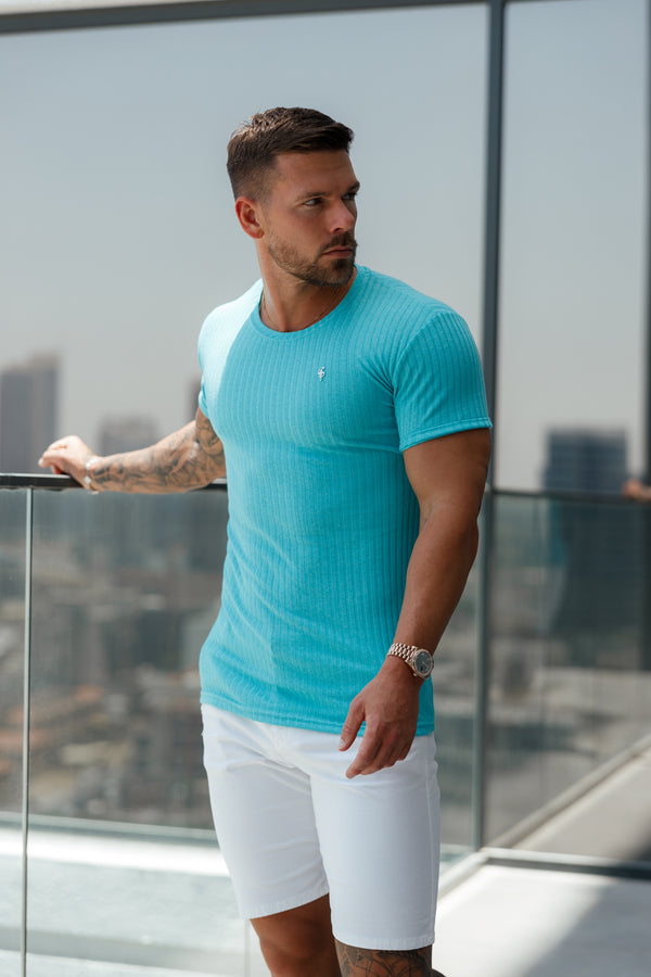 Father Sons Classic Turquoise / Silver Ribbed Knit Super Slim Short Sleeve Crew - FSH1092