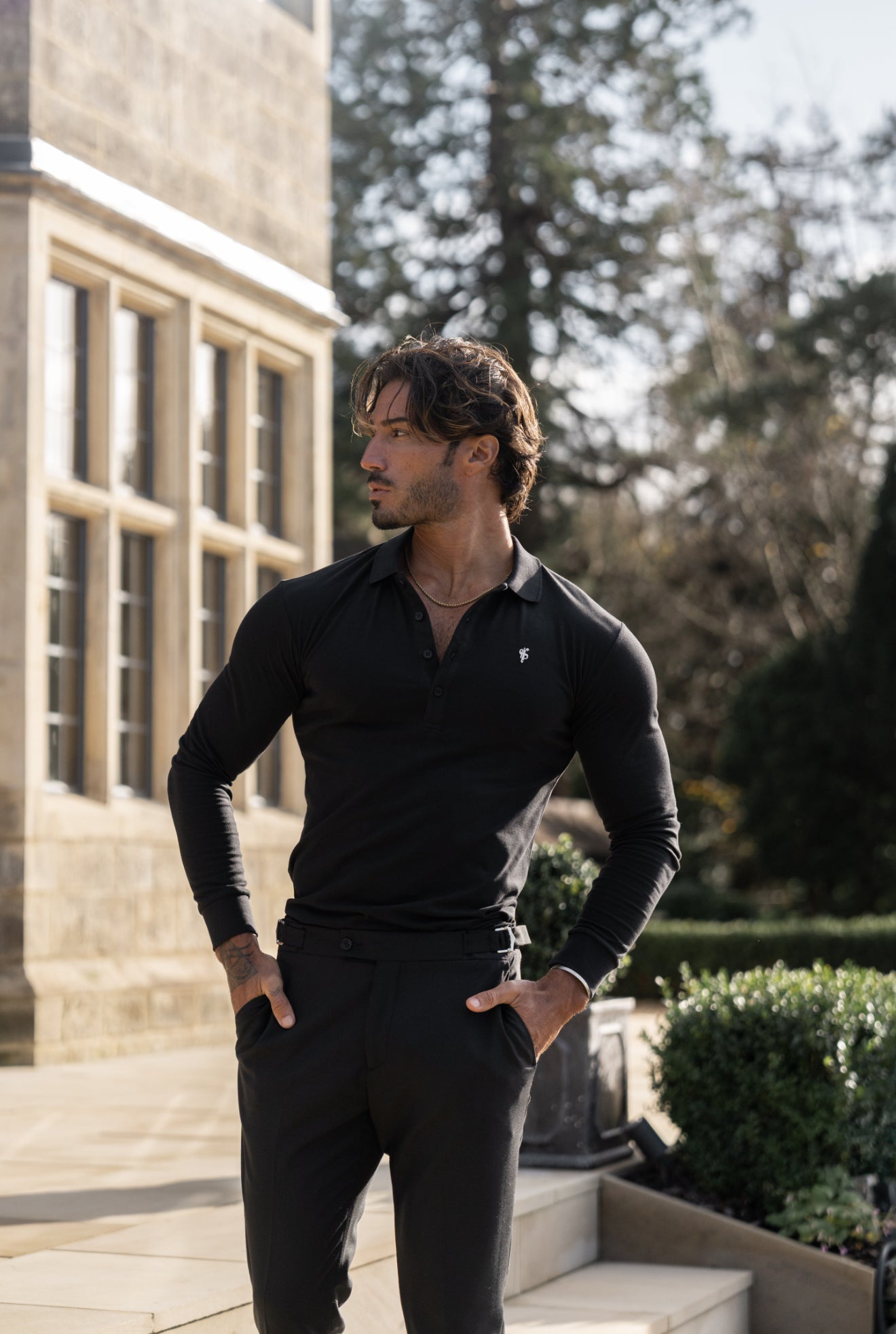 Black / Silver Polo Shirt Long Sleeve - FSH1396