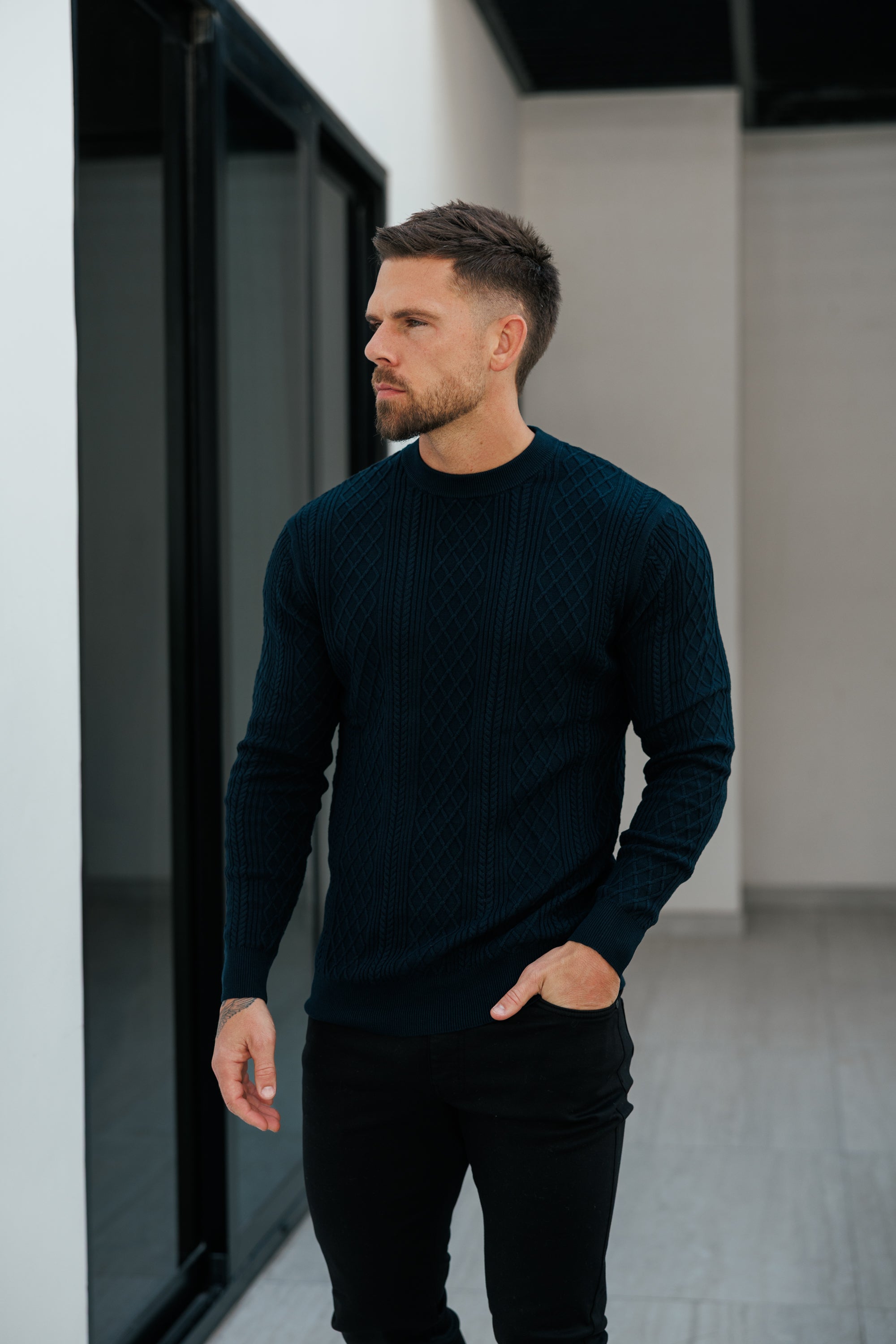 Fine Knit Diamond Navy Jumper Long Sleeve  -  FSA007