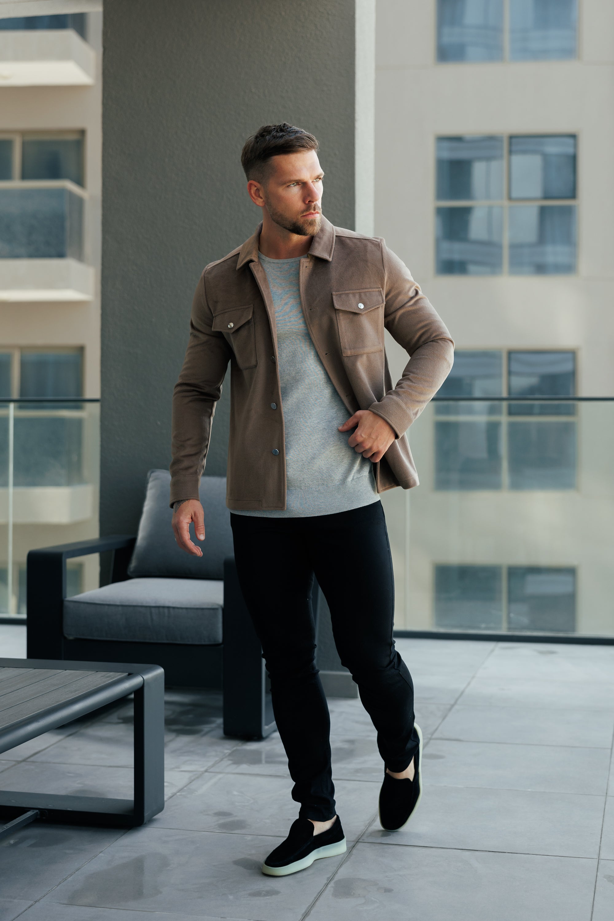 Brushed Button Up Plain Jacket Taupe - FSN184