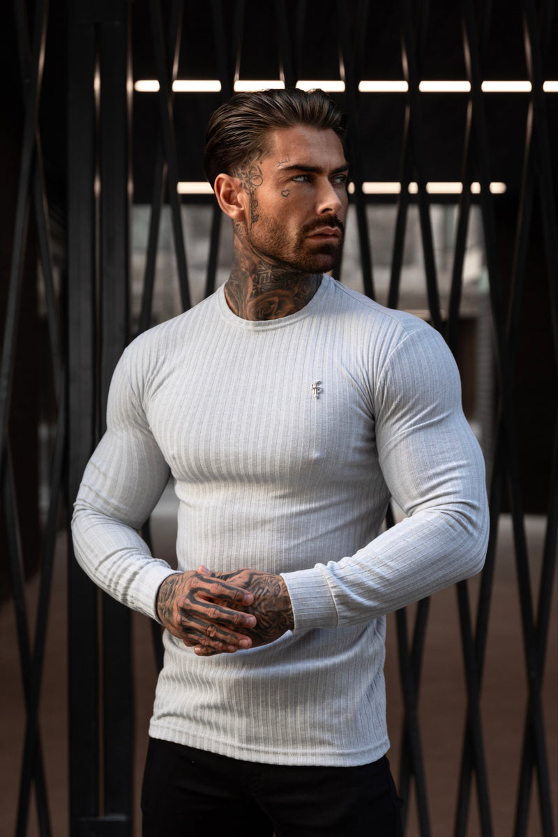 Father Sons Classic Light Grey Ribbed Knit Jumper With Silver Metal Em