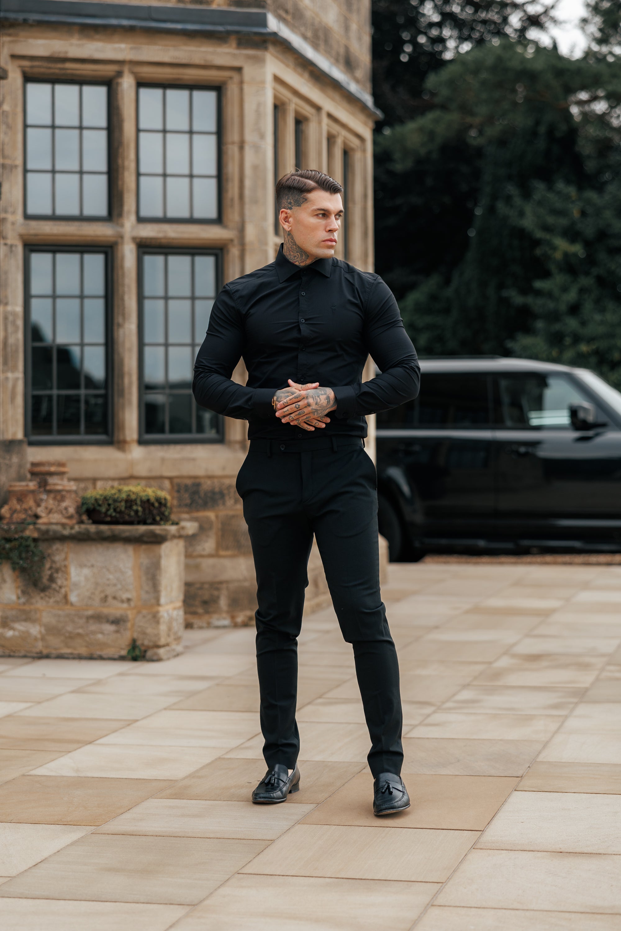 Muscle Fit Advanced Stretch Black Cutaway Collar Shirt  - FS1164