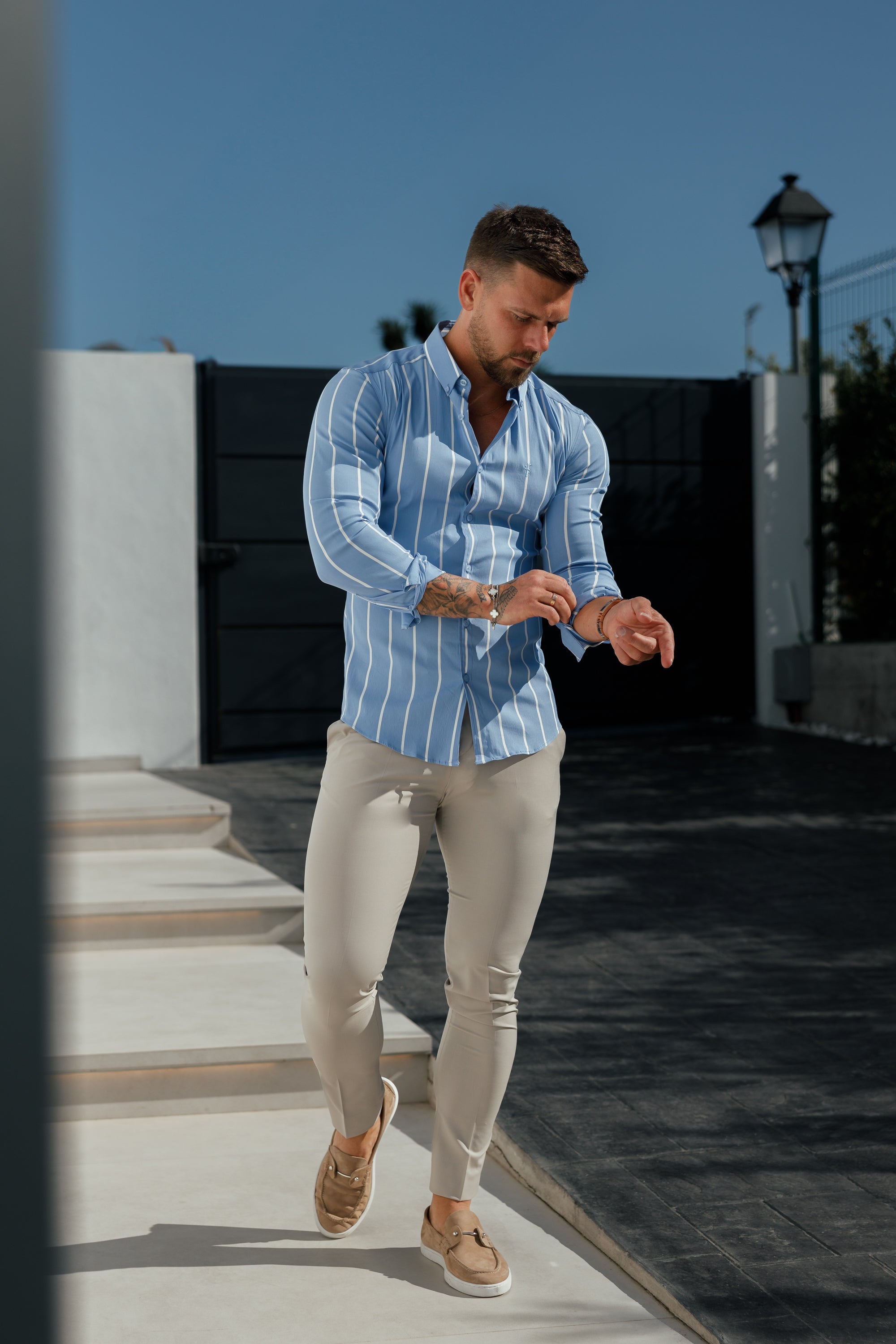 Super Slim Stretch Blue Printed Wide Stripe Long Sleeve with Button Down Collar - FS1053