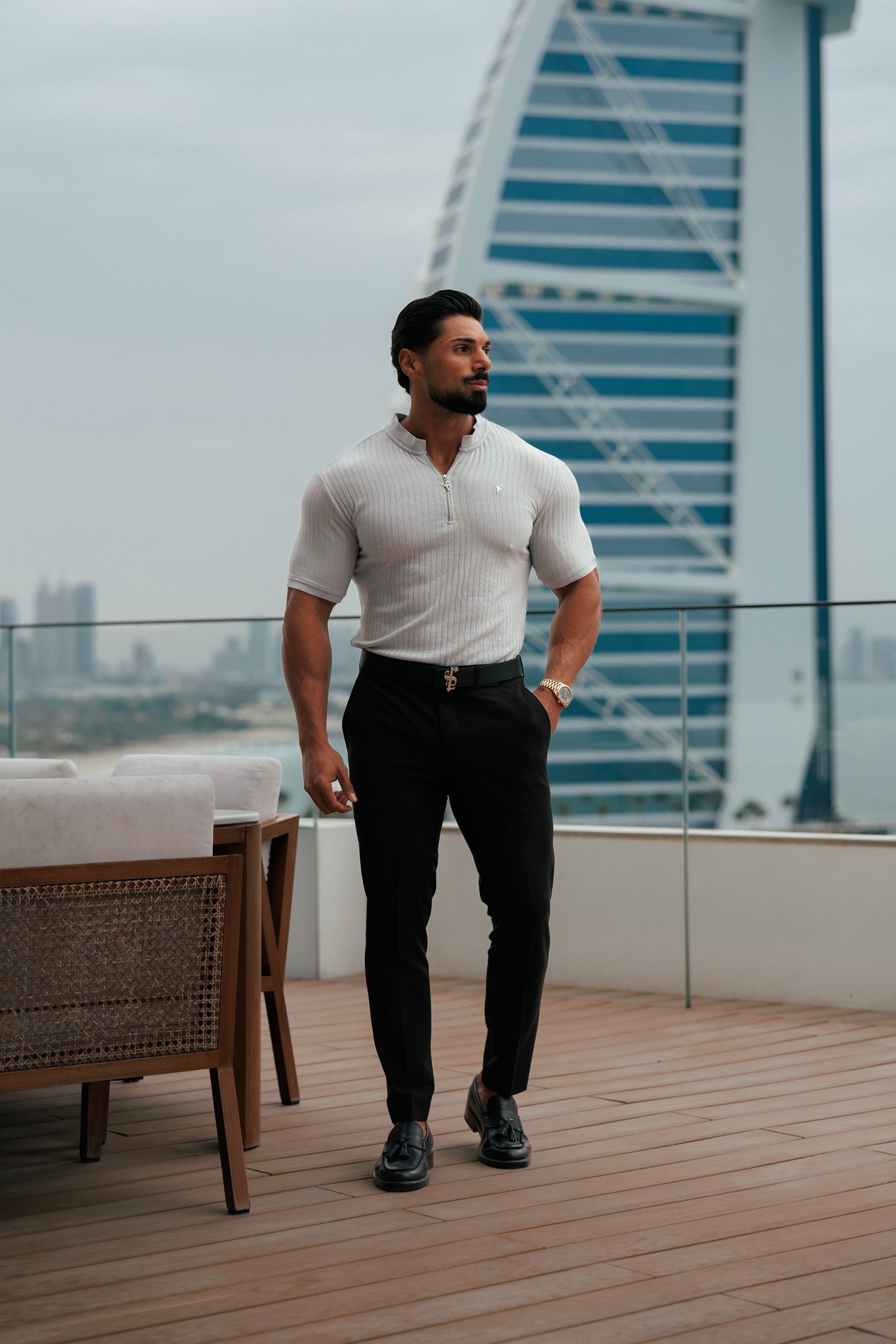 Classic Light Grey / Silver Ribbed Zip Grandad Collar Shirt Short Sleeve - FSH1449