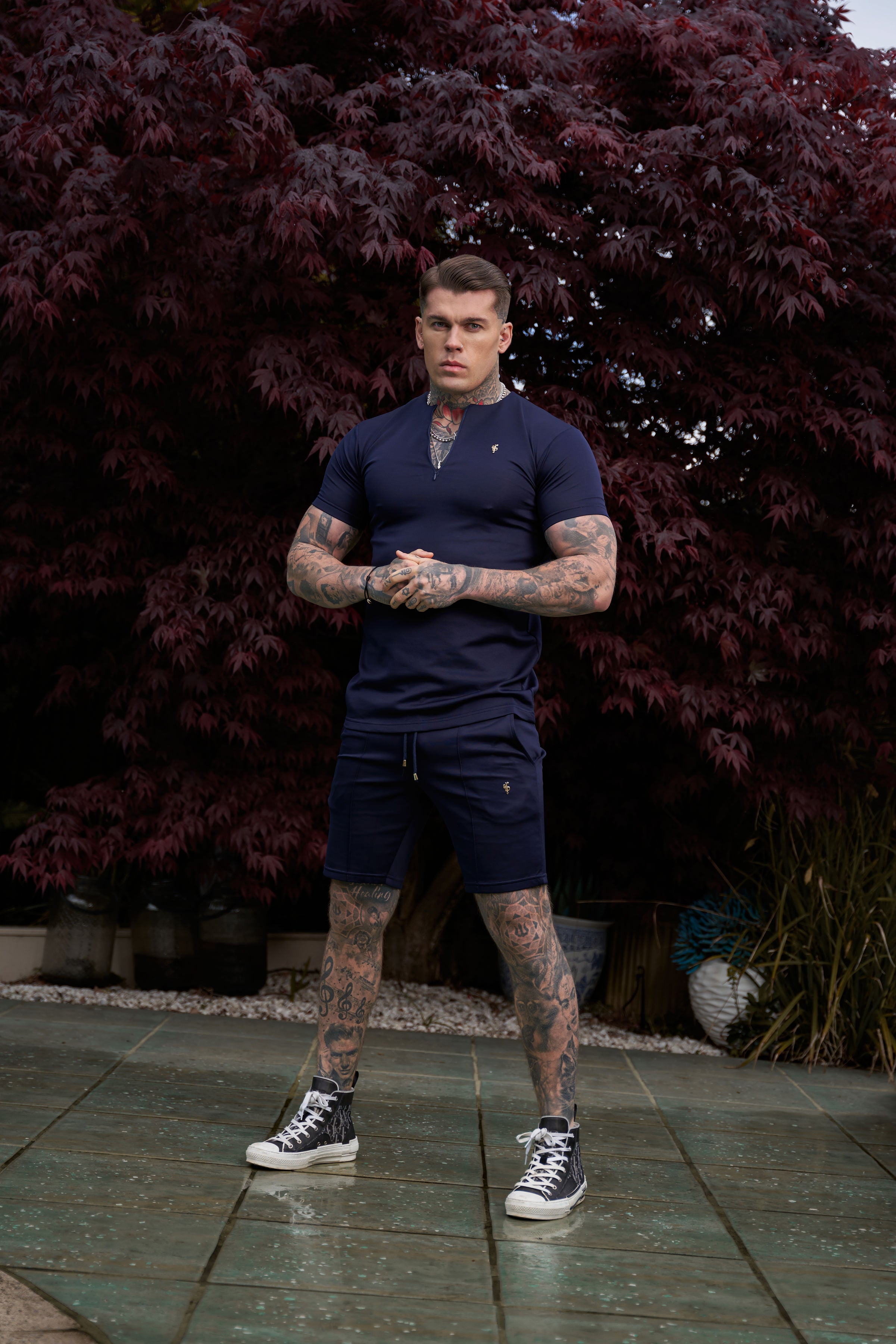 Scuba Navy / Gold Crew T Shirt With Zip Detail Short Sleeve - FSH1033