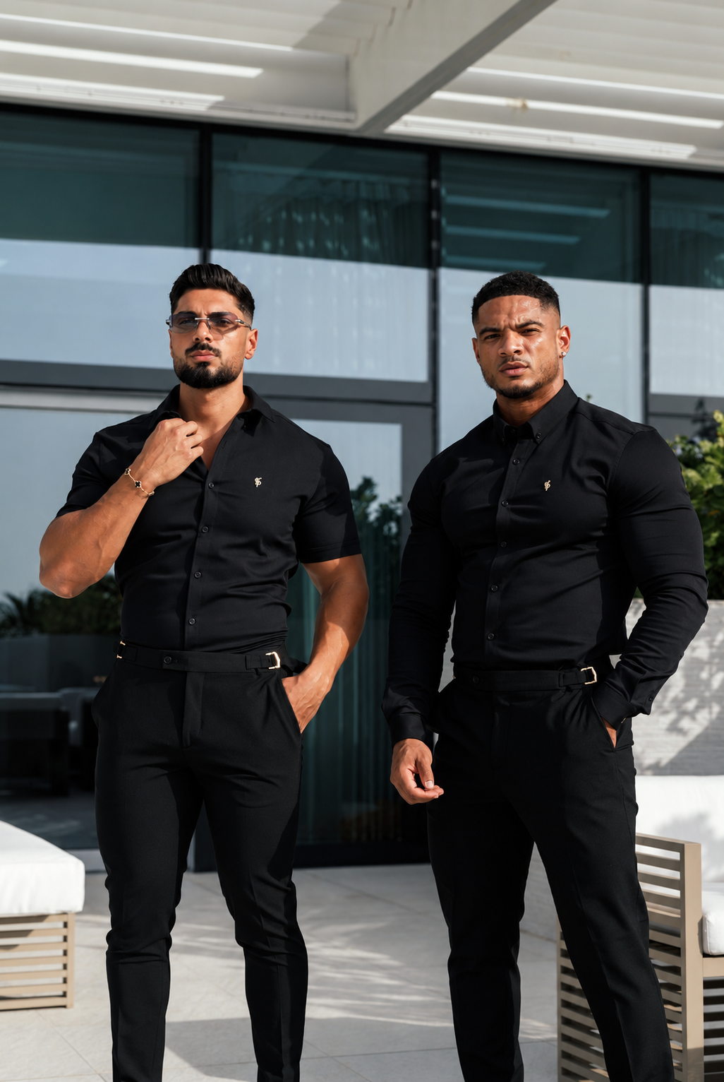 Super Slim Stretch Black Denim Short Sleeve with Gold Embroidery and Button Down Collar - FS1041