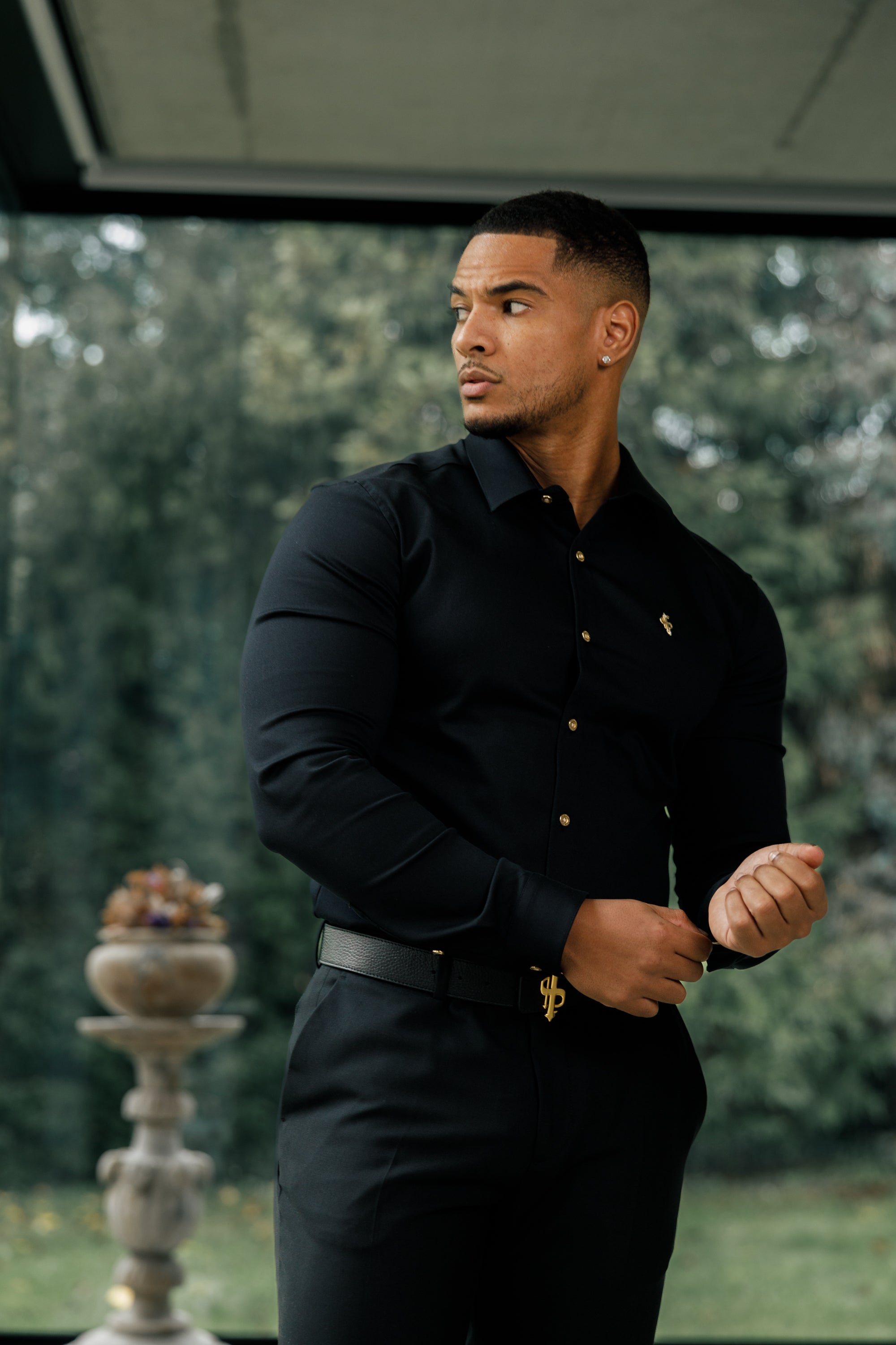 Super Slim Stretch Black Denim Long Sleeve with Gold Metal Decal and Buttons - FS923
