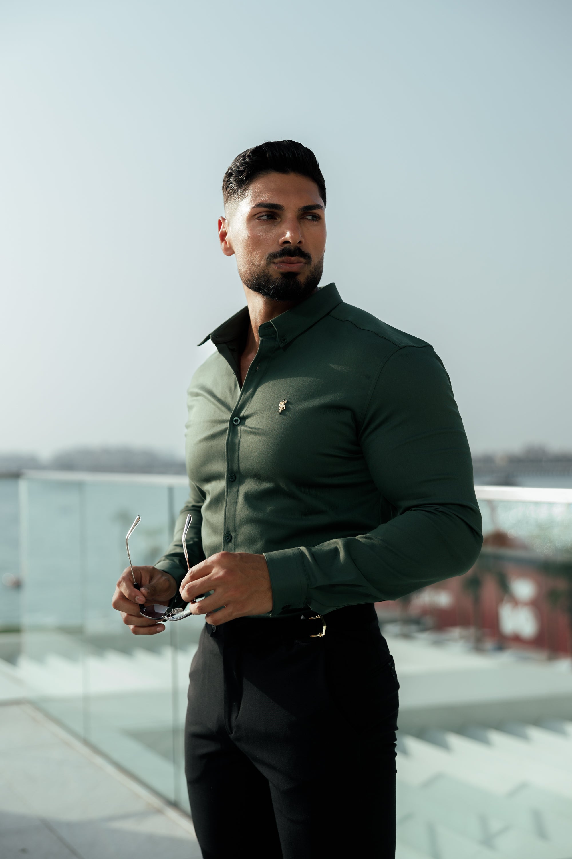 Super Slim Stretch Khaki Denim Long Sleeve with Gold Metal Decal and Button Down Collar - FS1044