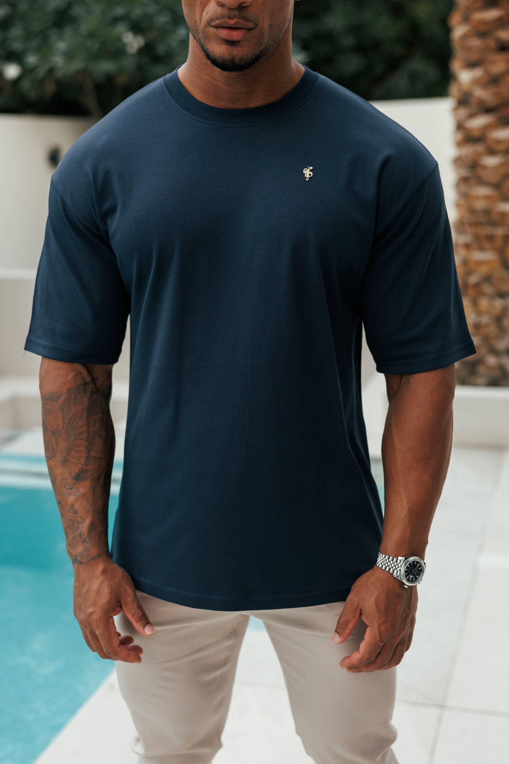Navy / Gold Oversized Crew T Shirt - FSH1422
