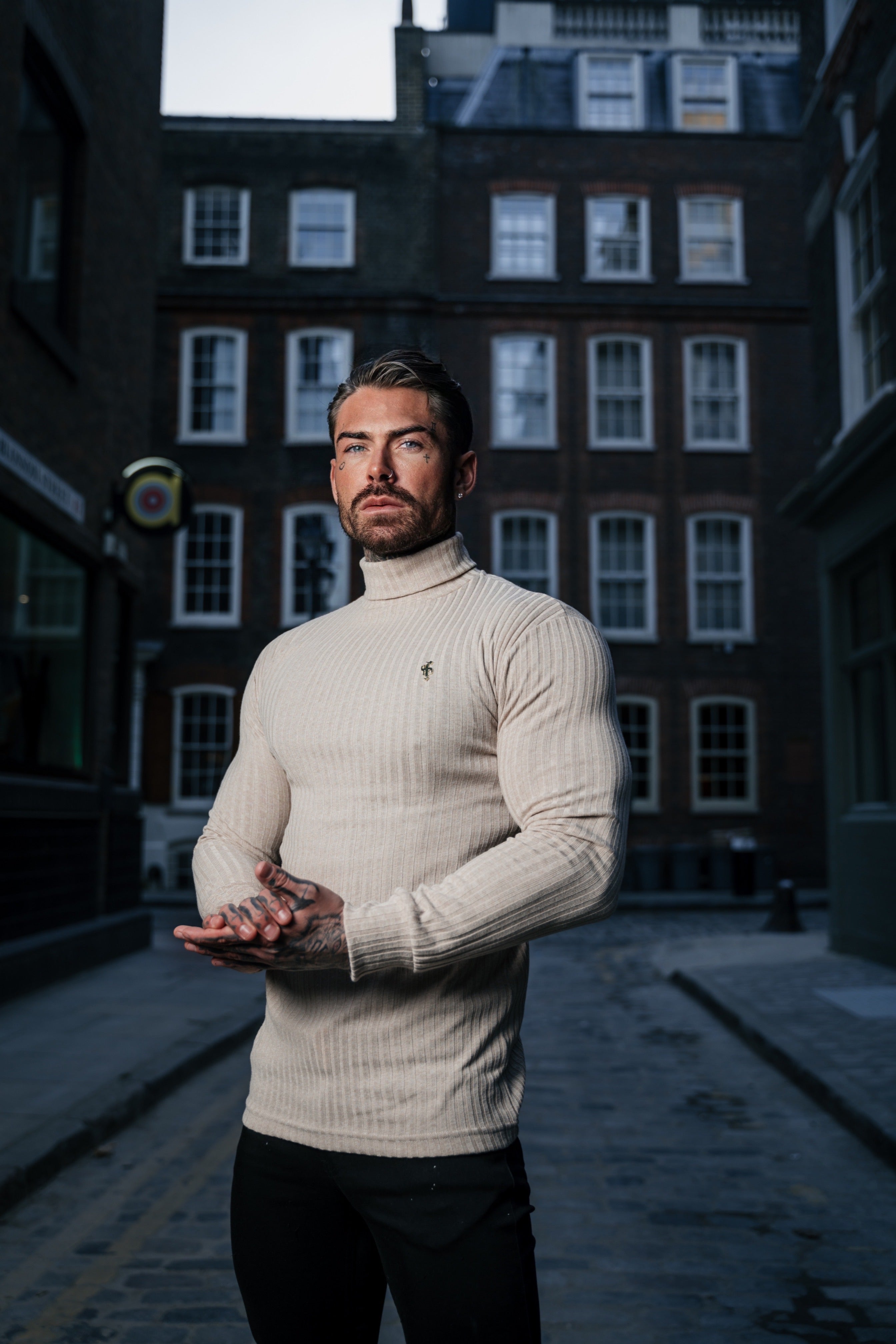 Classic Beige / Gold Ribbed Knit Roll-neck Jumper - FSH960