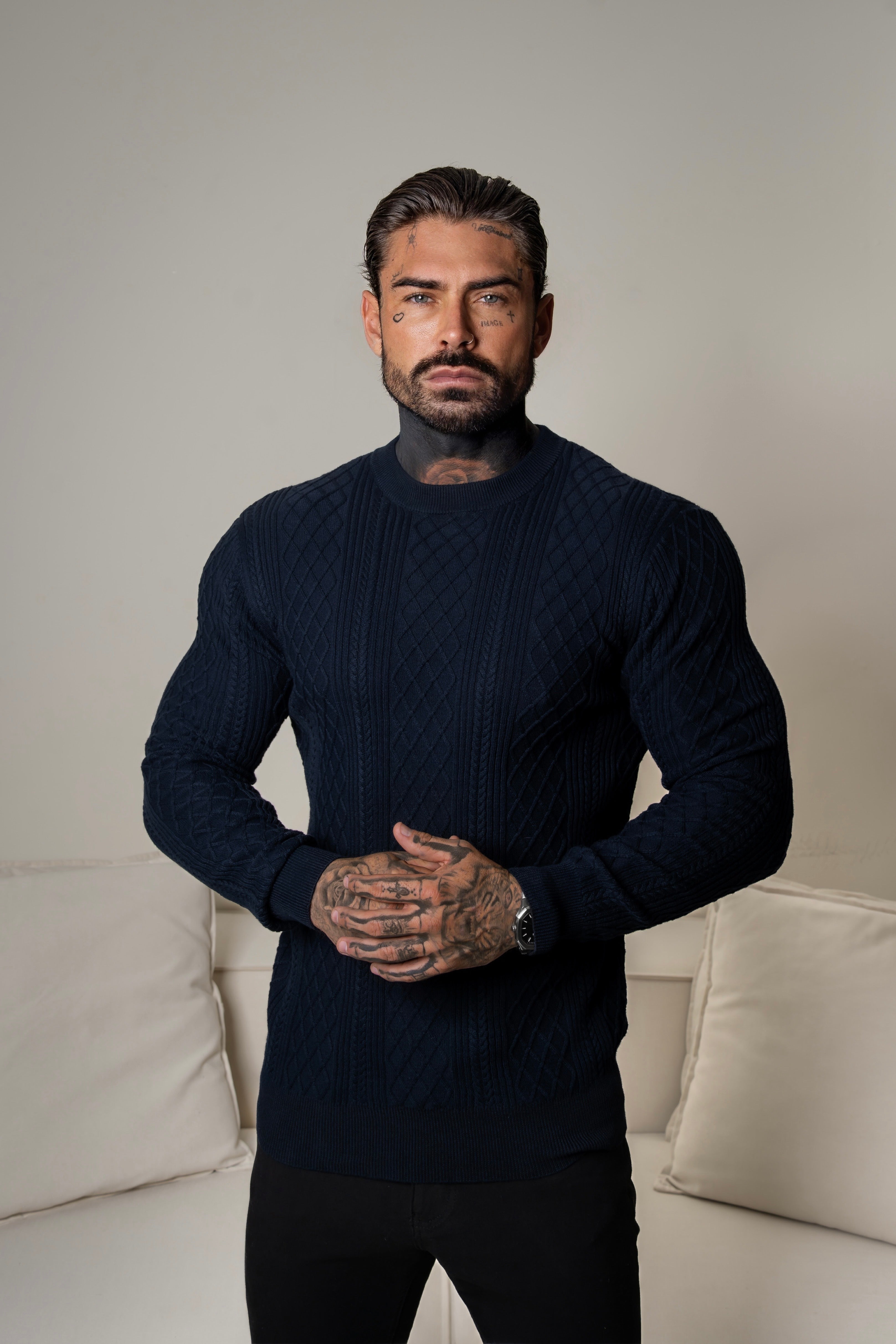Fine Knit Diamond Navy Jumper Long Sleeve  -  FSA007
