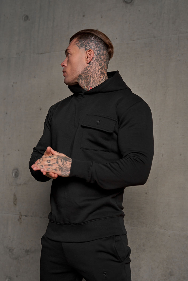 Father Sons Black Cargo Hoodie With FS Embroidery - FSH929