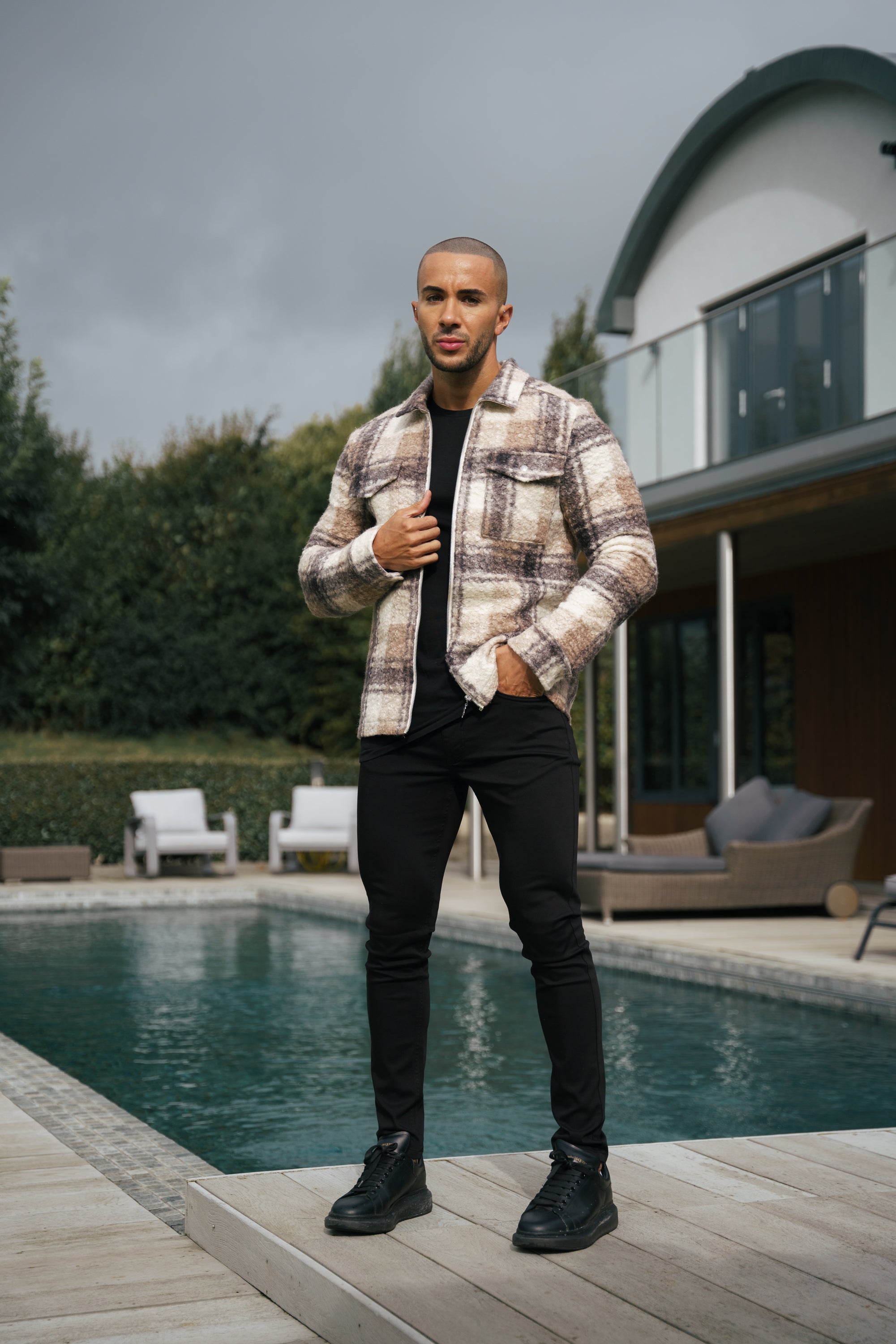 Boucle Zipped Check Jacket Taupe - FSN155