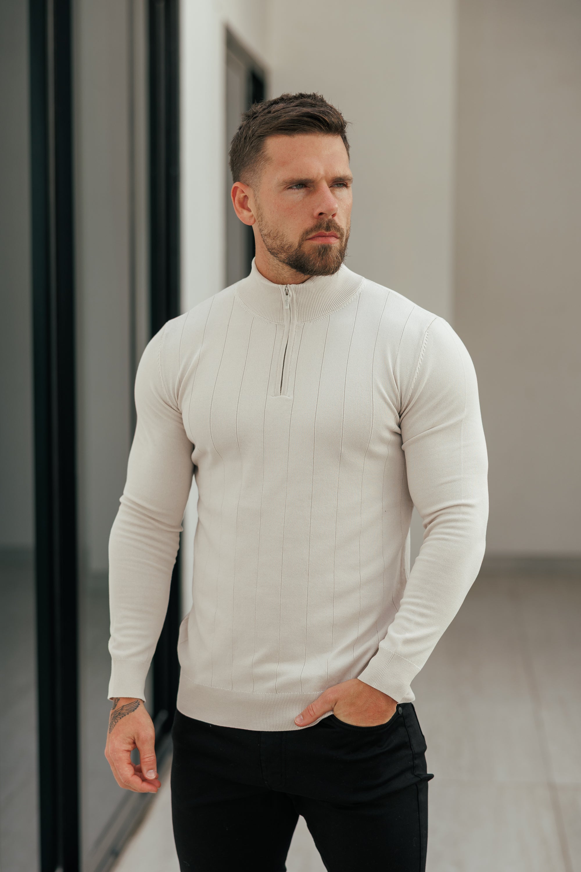 Self Stripe 1/4 Zip Funnel Neck Knit Jumper Cream Long Sleeve  -  FSR052